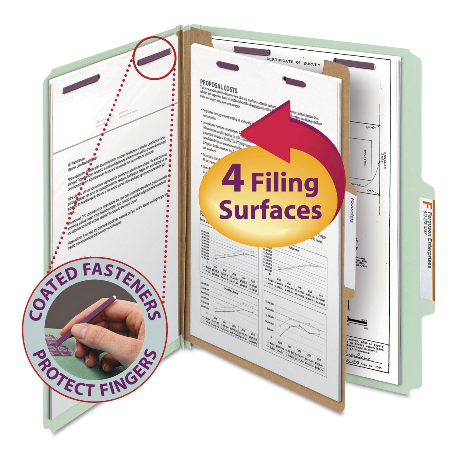 Smead SafeSHIELD 2/5 Tab Cut Letter Recycled Classification Folder, 8.5" x 11", 2" Expansion, 2 Fasteners, 1 Divider, Pressboard, Gray/Green, Heavy Duty, Tear Resistant, 100% Recycled, 10/Box