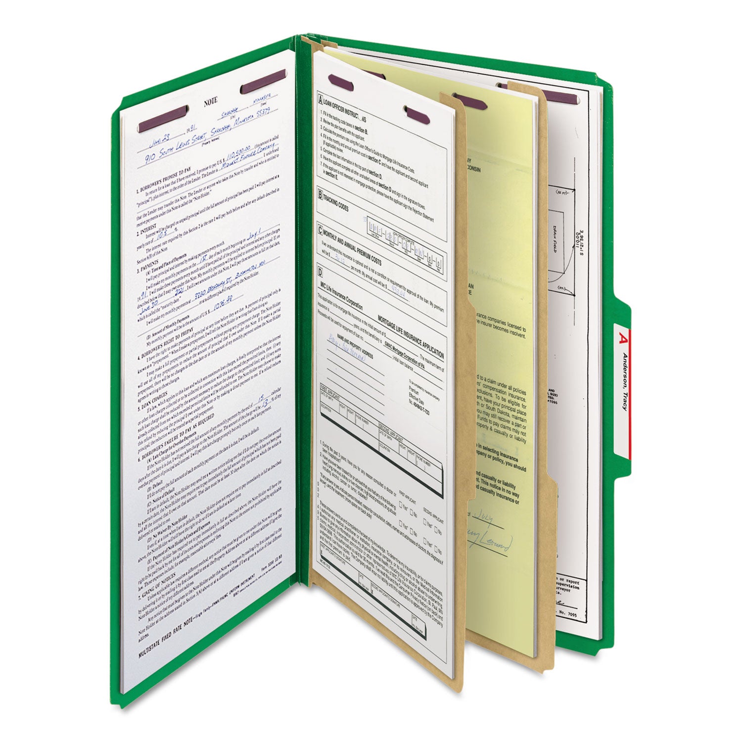 Smead SafeSHIELD 2/5 Tab Cut Legal Classification Folder, 8.5" x 14", 2" Expansion, 2 Fasteners, 2 Dividers, 25 pt. Pressboard, Green, 100% Recycled, 10/Box