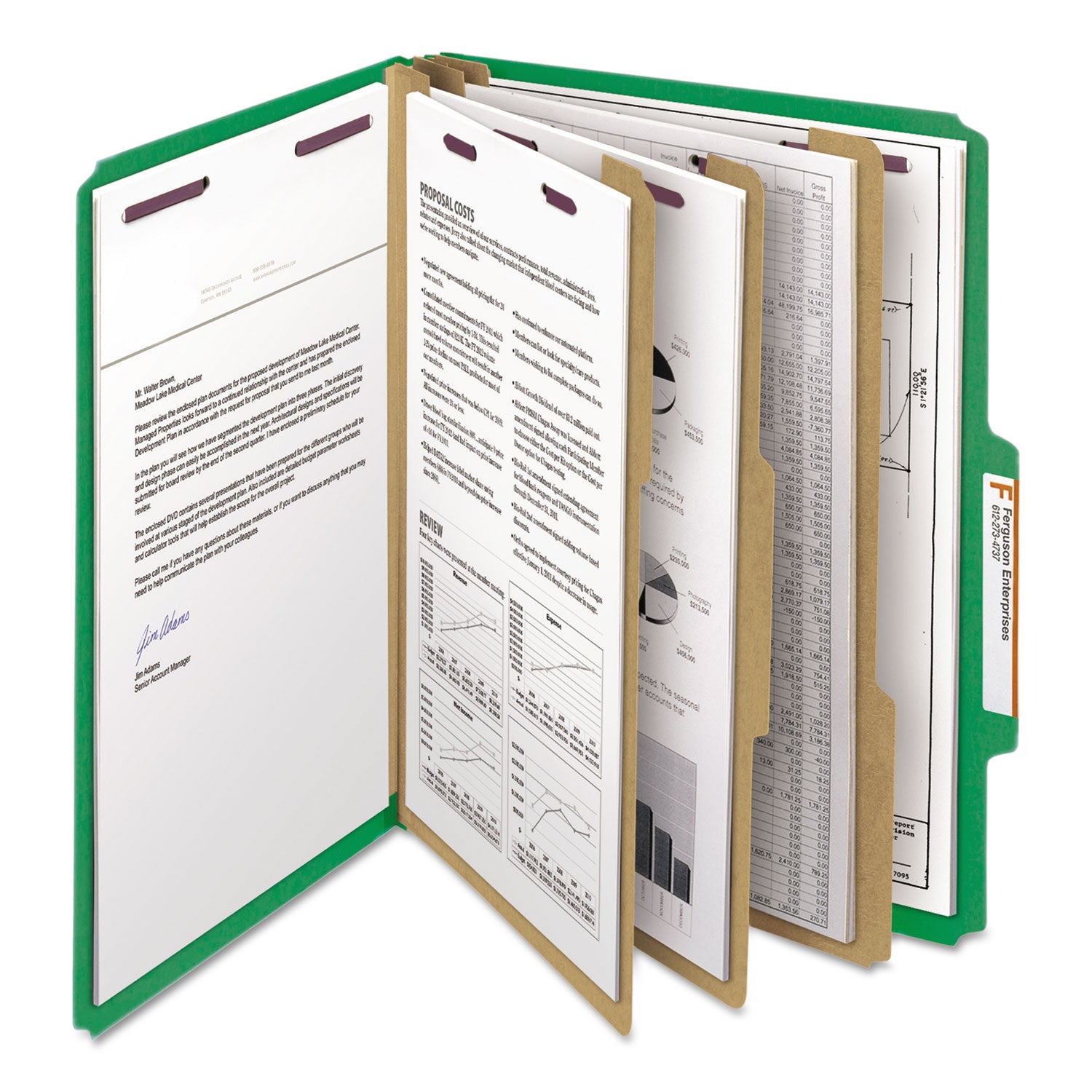 Smead SafeSHIELD 2/5 Tab Letter Size Recycled Classification Folders, 3 Dividers, 2 Fasteners, 3" Expansion, Green, Heavy Duty, 100% Recycled, 10/Box
