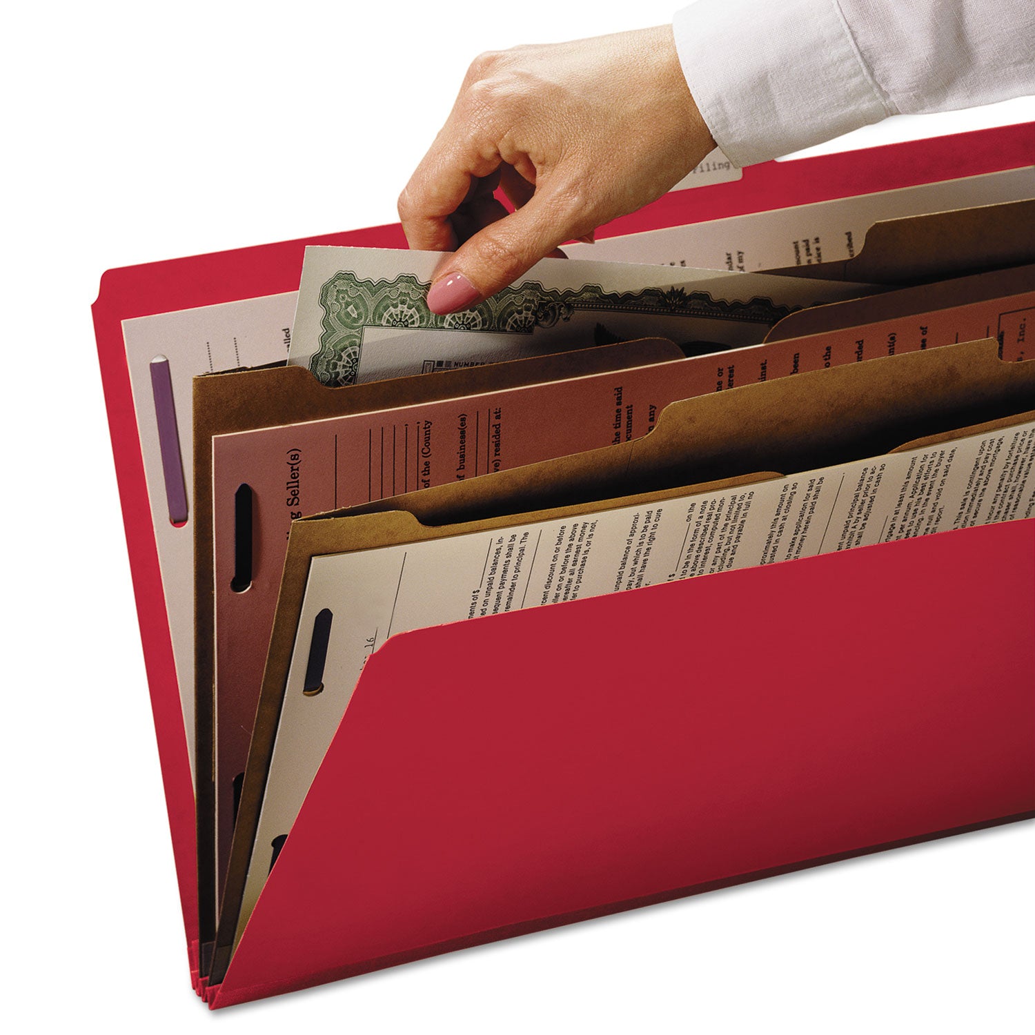 Smead SafeSHIELD 2/5 Tab Cut Letter Recycled Classification Folders, 8.5" x 11", 2" Expansion, 2 Fasteners, 2 Pockets, 2 Dividers, Bright Red, Heavy Duty, Tear Resistant, 100% Recycled, 10/Box