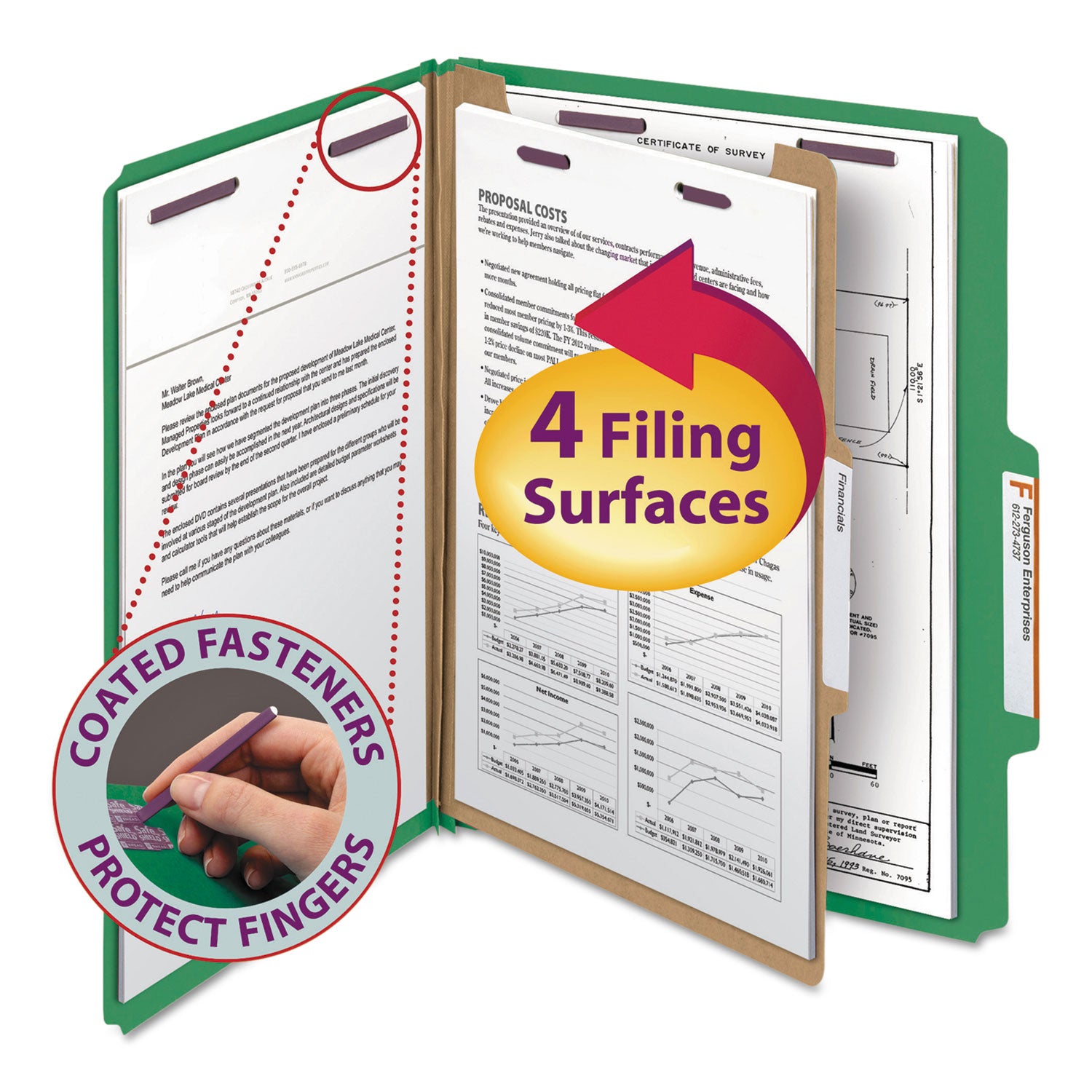 Smead SafeSHIELD 2/5 Tab Cut Letter Size Recycled Classification Folders, 2" Expansion, 1 Divider, 2 Fasteners, Green, Heavy Duty Pressboard, 10/Box