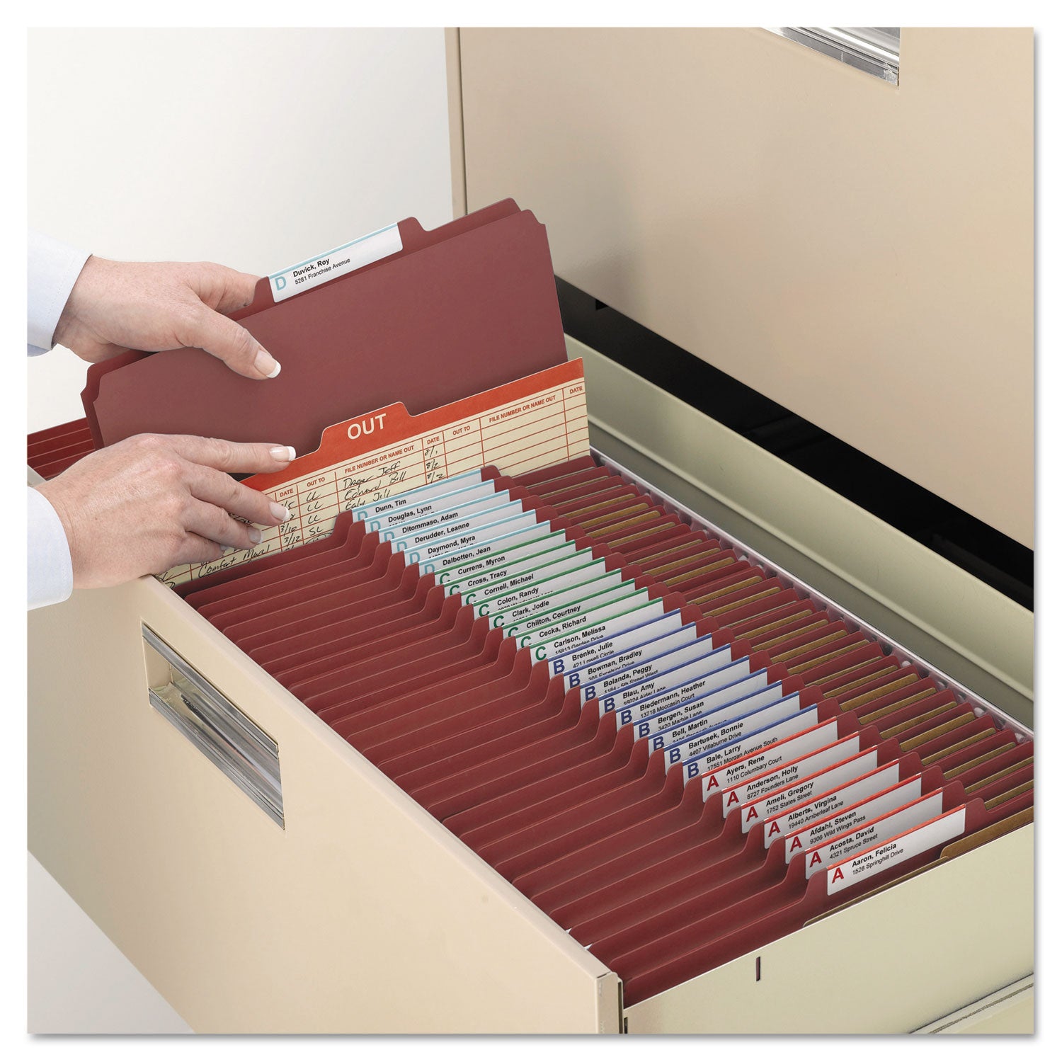 Smead SafeSHIELD 2/5 Tab Cut Letter Size Recycled Classification Folders, 3" Expansion, 3 Dividers, 2 Fasteners, Red, Heavy Duty, 100% Recycled, 10/Box