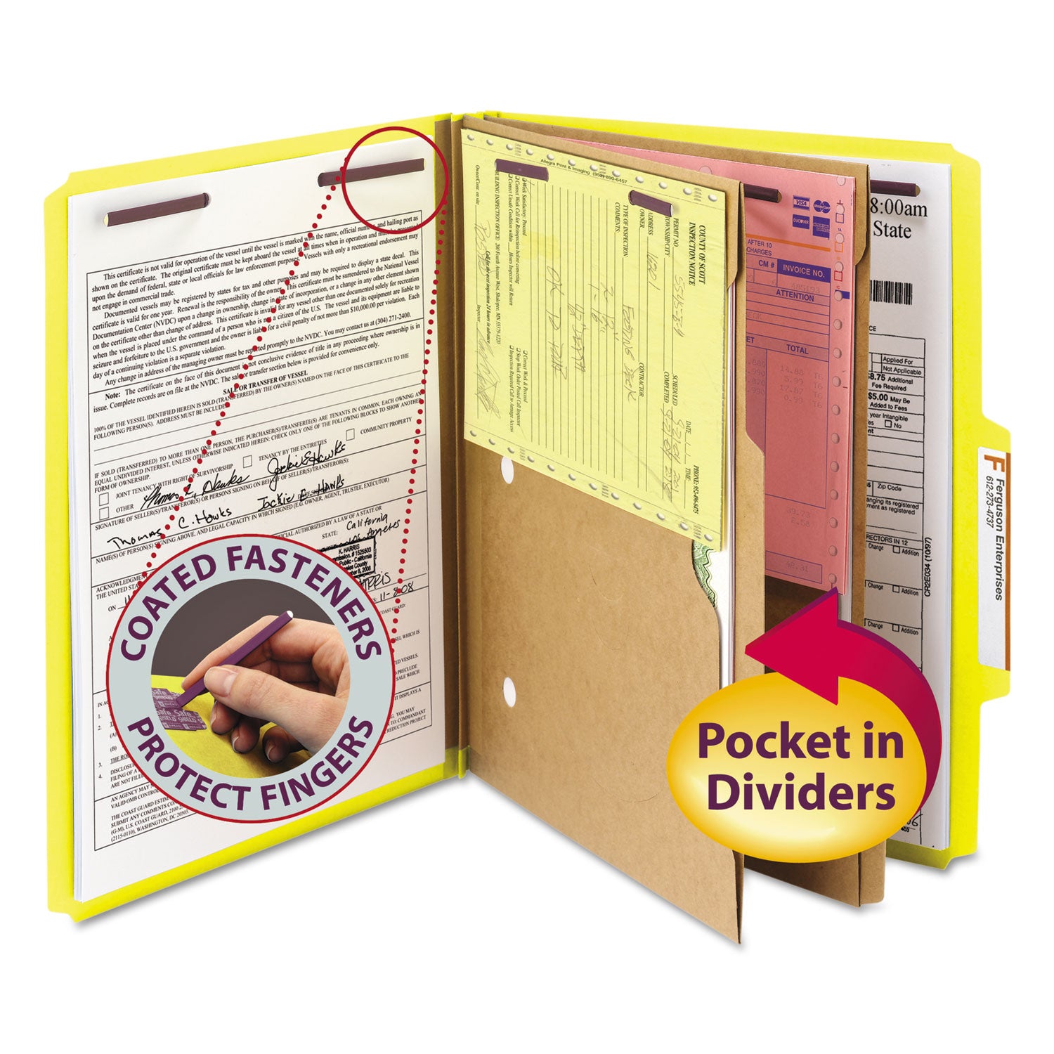 Smead SafeSHIELD 2/5 Tab Cut Letter Size Recycled Classification Folders, 2" Expansion, 2 Fasteners, 2 Pockets, 2 Dividers, Yellow, Heavy Duty, Tear Resistant, 100% Recycled, 10/Box