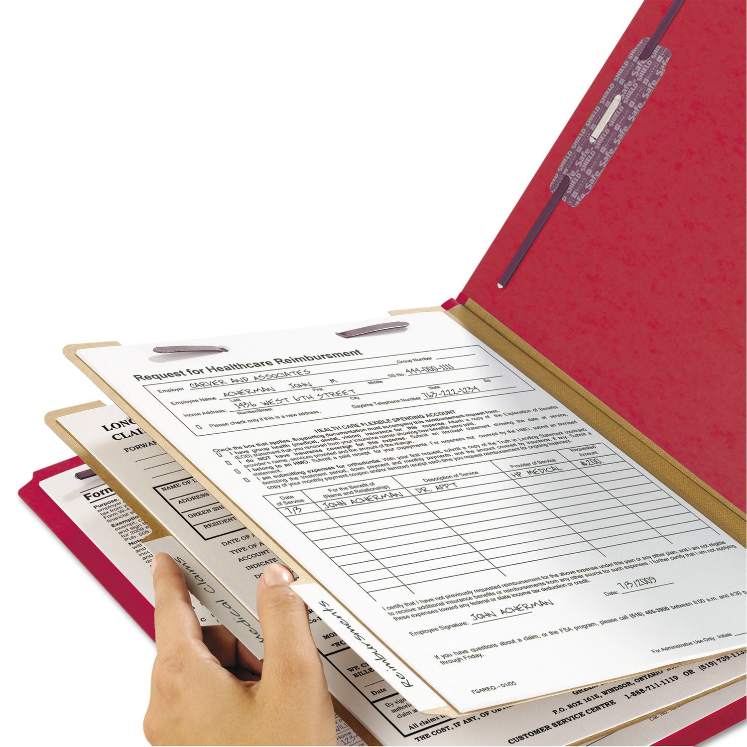 Smead SafeSHIELD 2/5 Tab Cut Legal Classification Folders, 2 Dividers, 2" Expansion, Bright Red, 100% Recycled, Heavy Duty, Tear Resistant, 8.5" x 14", 10/Box