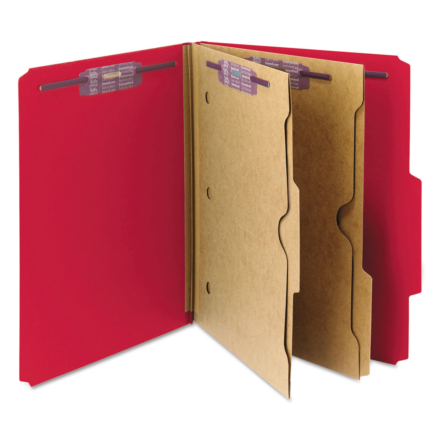 Smead SafeSHIELD 2/5 Tab Cut Letter Recycled Classification Folders, 8.5" x 11", 2" Expansion, 2 Fasteners, 2 Pockets, 2 Dividers, Bright Red, Heavy Duty, Tear Resistant, 100% Recycled, 10/Box