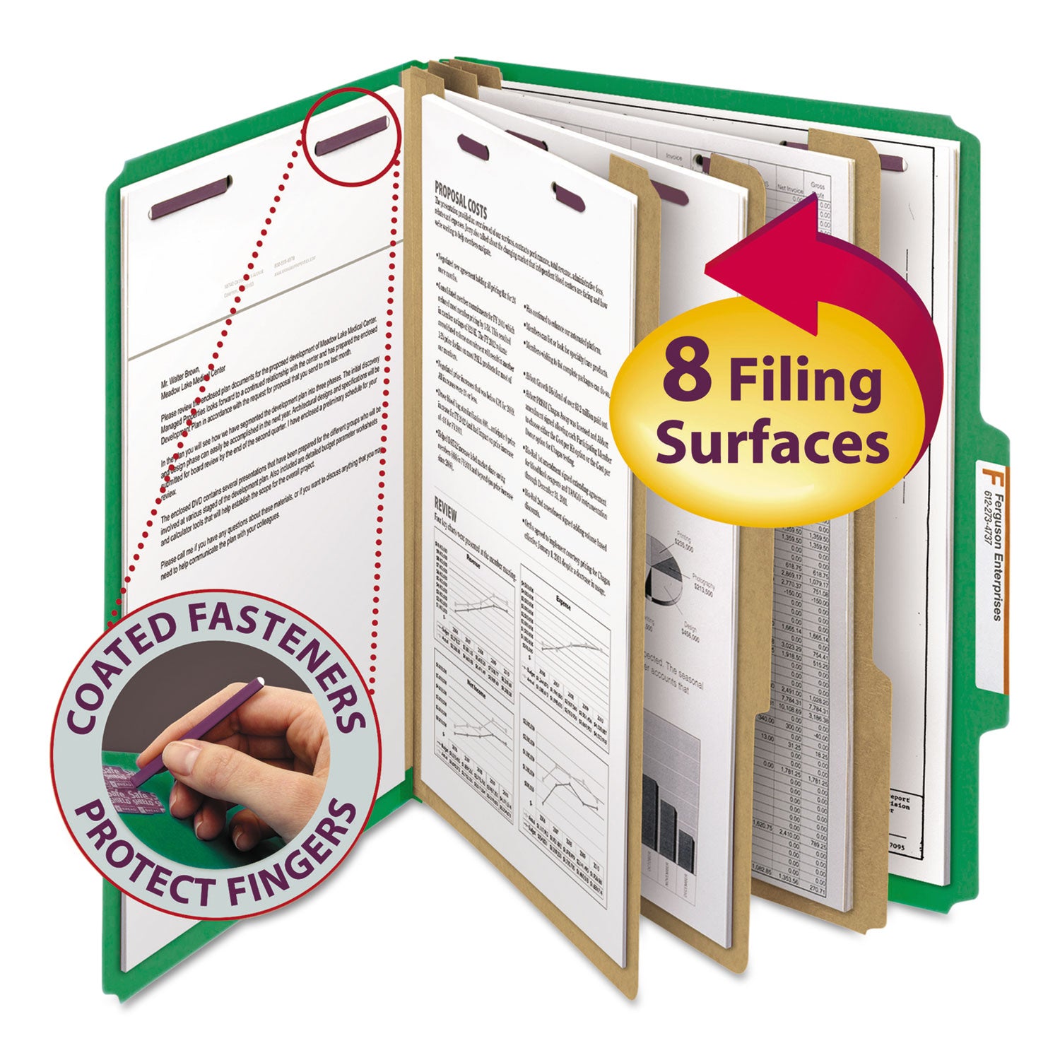 Smead SafeSHIELD 2/5 Tab Letter Size Recycled Classification Folders, 3 Dividers, 2 Fasteners, 3" Expansion, Green, Heavy Duty, 100% Recycled, 10/Box