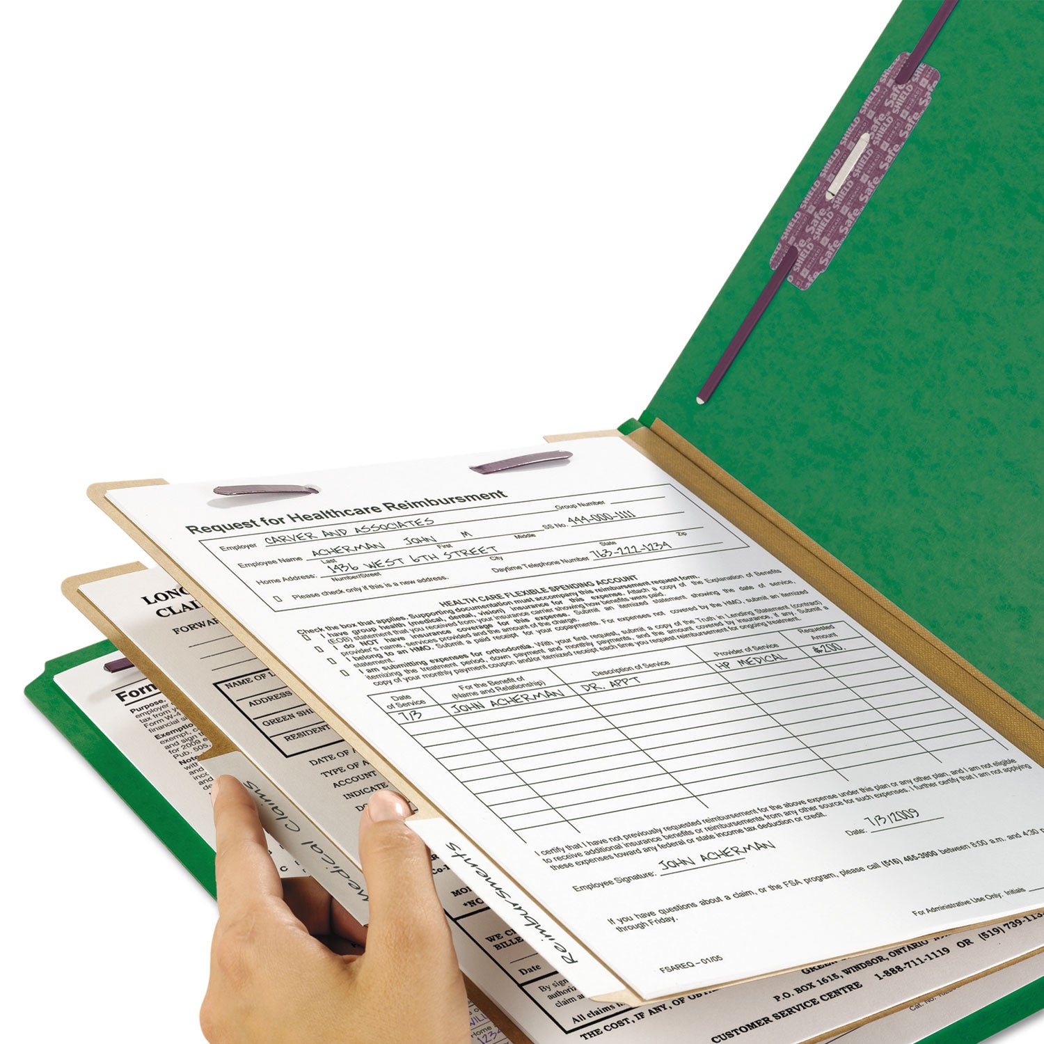 Smead SafeSHIELD 2/5 Tab Cut Legal Classification Folder, 8.5" x 14", 2" Expansion, 2 Fasteners, 2 Dividers, 25 pt. Pressboard, Green, 100% Recycled, 10/Box