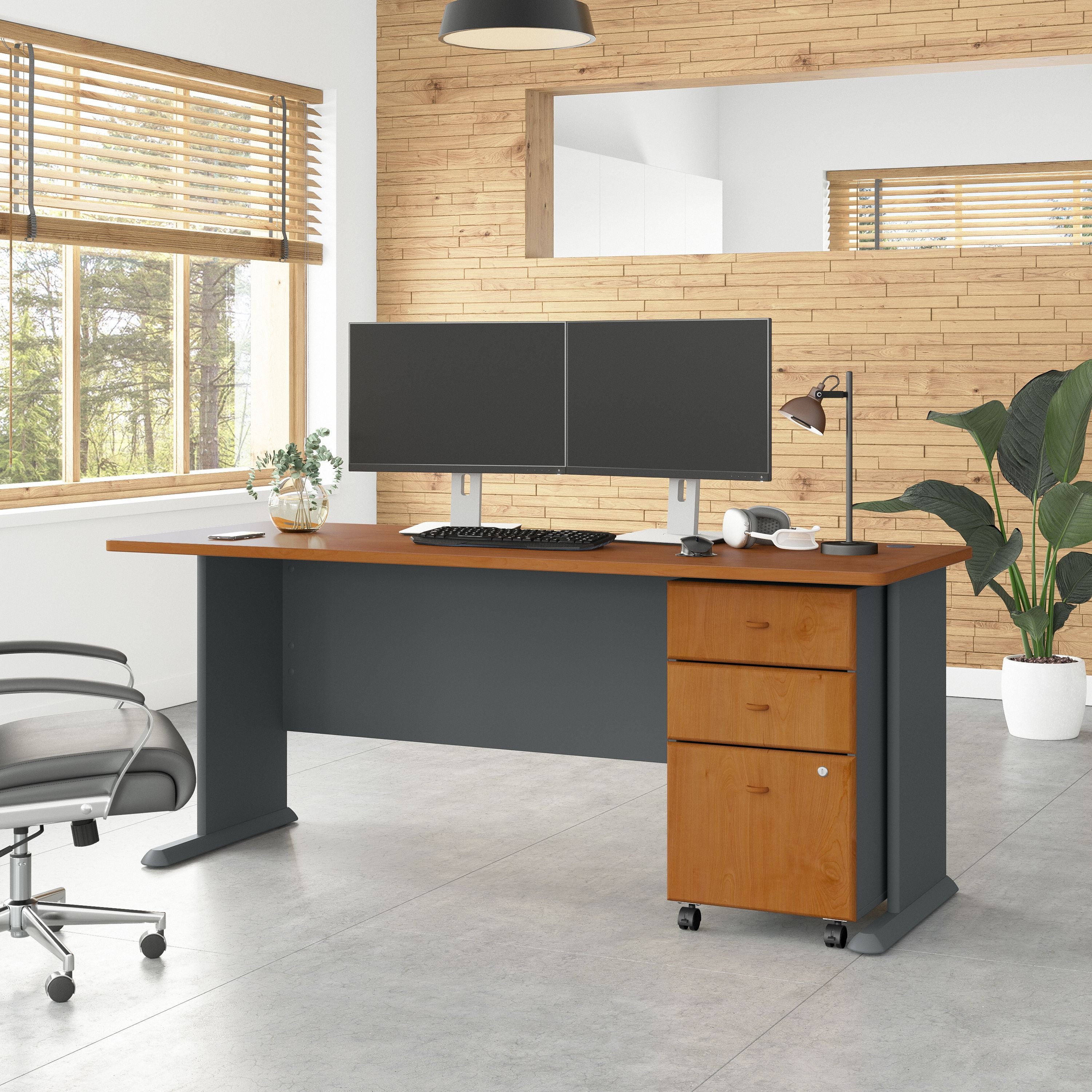 Bush Business Furniture Series A 72W Desk with Mobile File Cabinet in Natural Cherry and Slate - 71.54" Width x 26.81" Depth x 29.66" Height