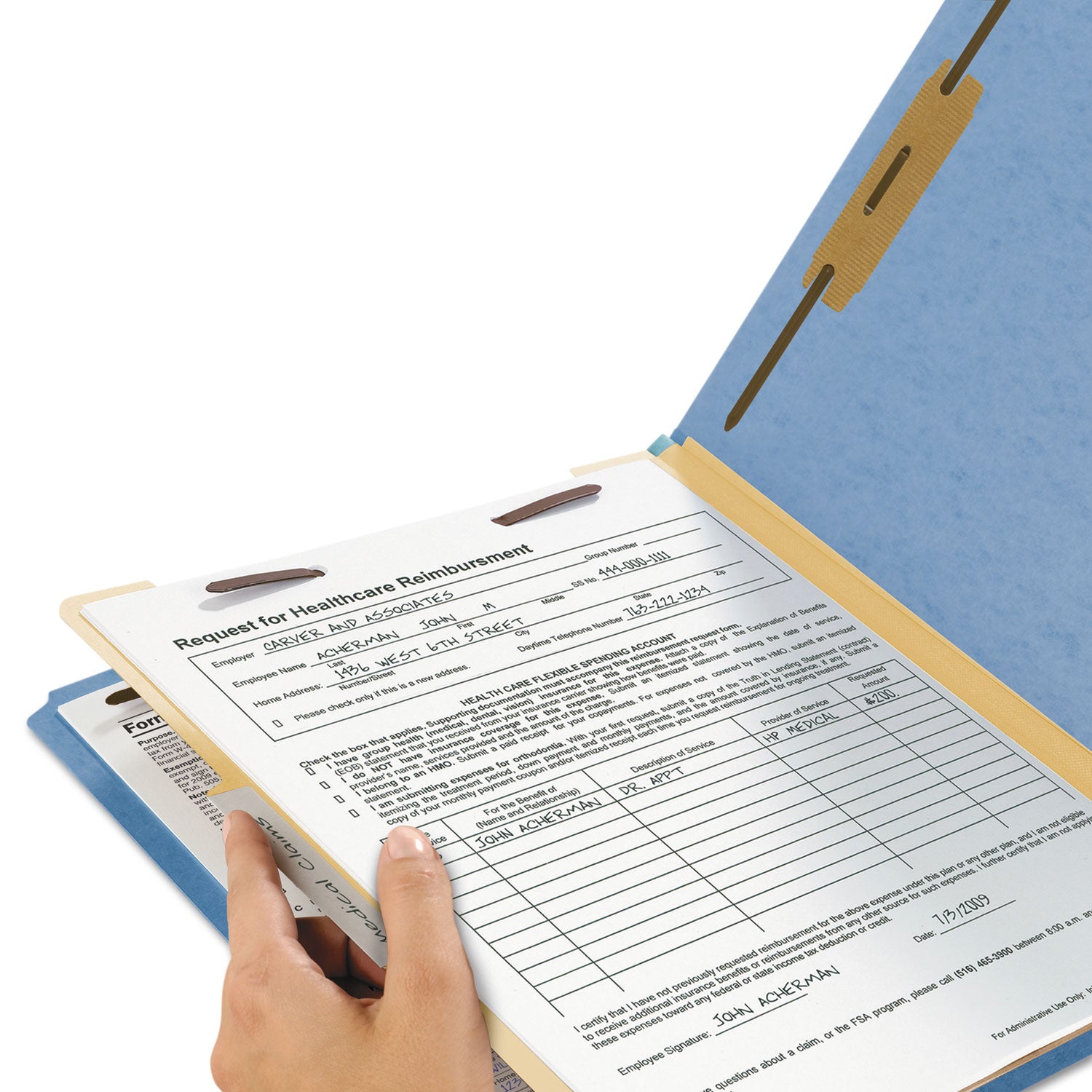 Smead Colored 2/5 Tab Cut Letter Recycled Classification Folder - 8 1/2" x 11" - 2" Expansion - 2 x 2B Fastener(s) - 2" for Folder - Top Tab Location - Right of Center Tab Position - 1 Divider(s) - 14 pt. - 2 Plys - Blue - 10% Recycled - 10 / Box