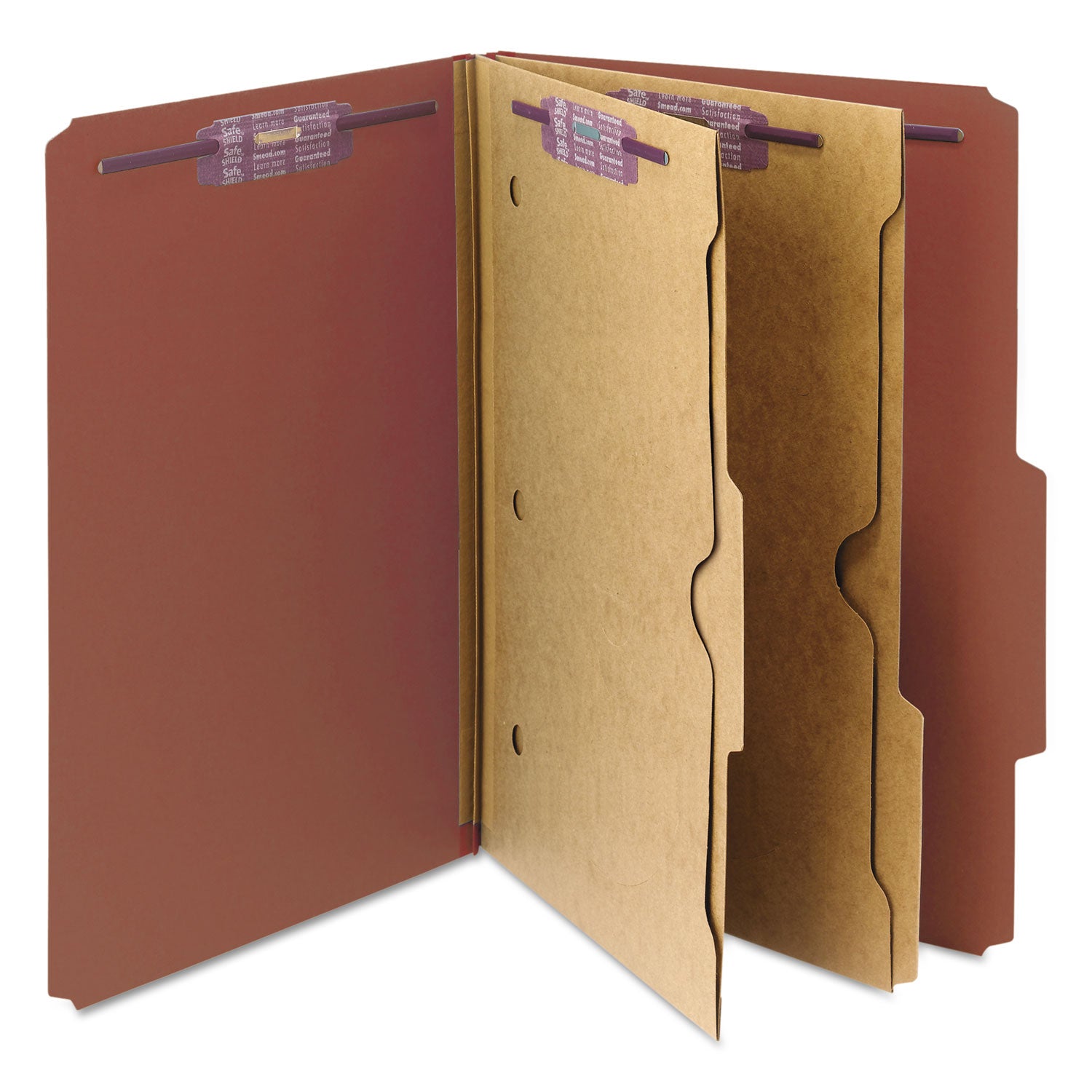 Smead SafeSHIELD 2/5 Tab Cut Legal Recycled Classification Folder, 8 1/2" x 14", 2" Expansion, 2 Fasteners, 2 Pockets, 2 Dividers, Red, Heavy Duty, Tear Resistant, 100% Recycled, 10/Box