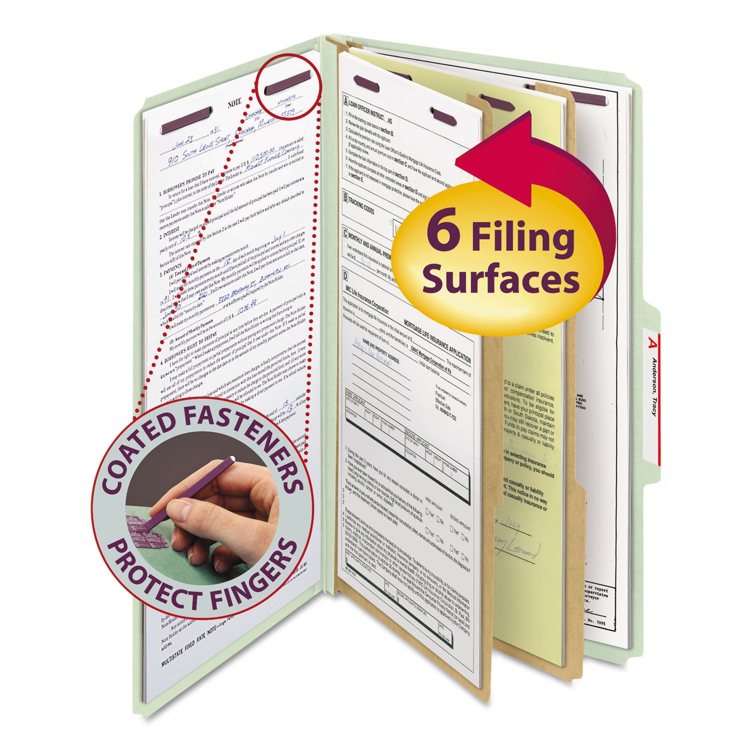 Smead SafeSHIELD 2/5 Tab Cut Legal Recycled Classification Folder, 8.5" x 14", 2" Expansion, 2 Fasteners, 2 Dividers, Pressboard, Gray/Green, Heavy Duty, Tear Resistant, 100% Recycled, 10/Box