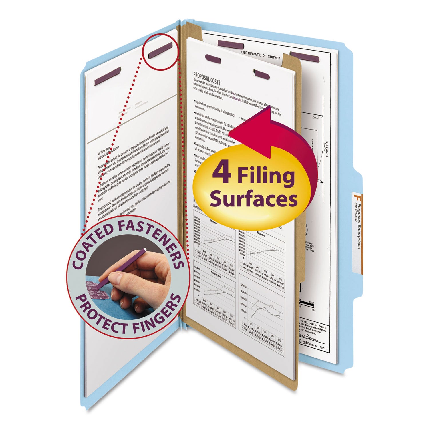 Smead SafeSHIELD 2/5 Tab Cut Legal Classification Folders, 8.5" x 14", 2" Expansion, 2 Fasteners, 1 Divider, 25 pt. Pressboard, Blue, 100% Recycled, 10/Box
