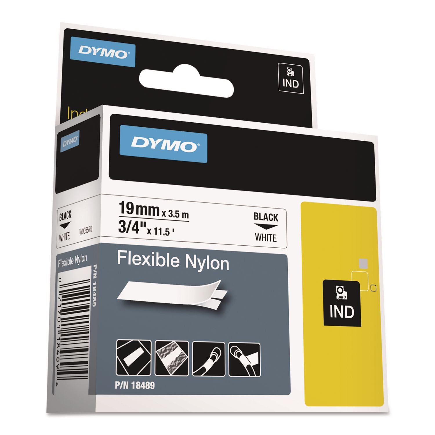 Dymo Rhino Flexible Nylon Labels - 3/4" Width x 11 1/2 ft Length - Rectangle - Thermal Transfer - White, Black - Nylon - Water Resistant - Temperature Resistant, Flexible - 1 Each