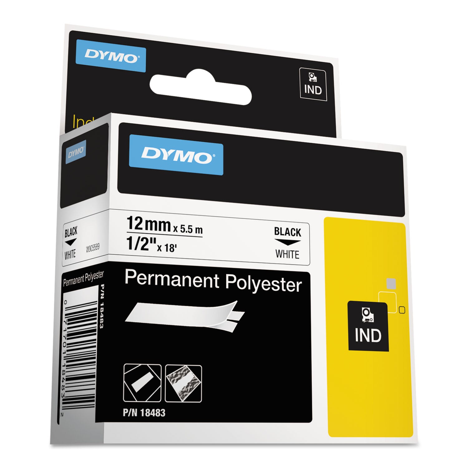 Dymo Rhino Permanent Poly Labels - 1/2" Width - Permanent Adhesive - Thermal Transfer - White, Black - Polyester - Easy Peel - 1 Each