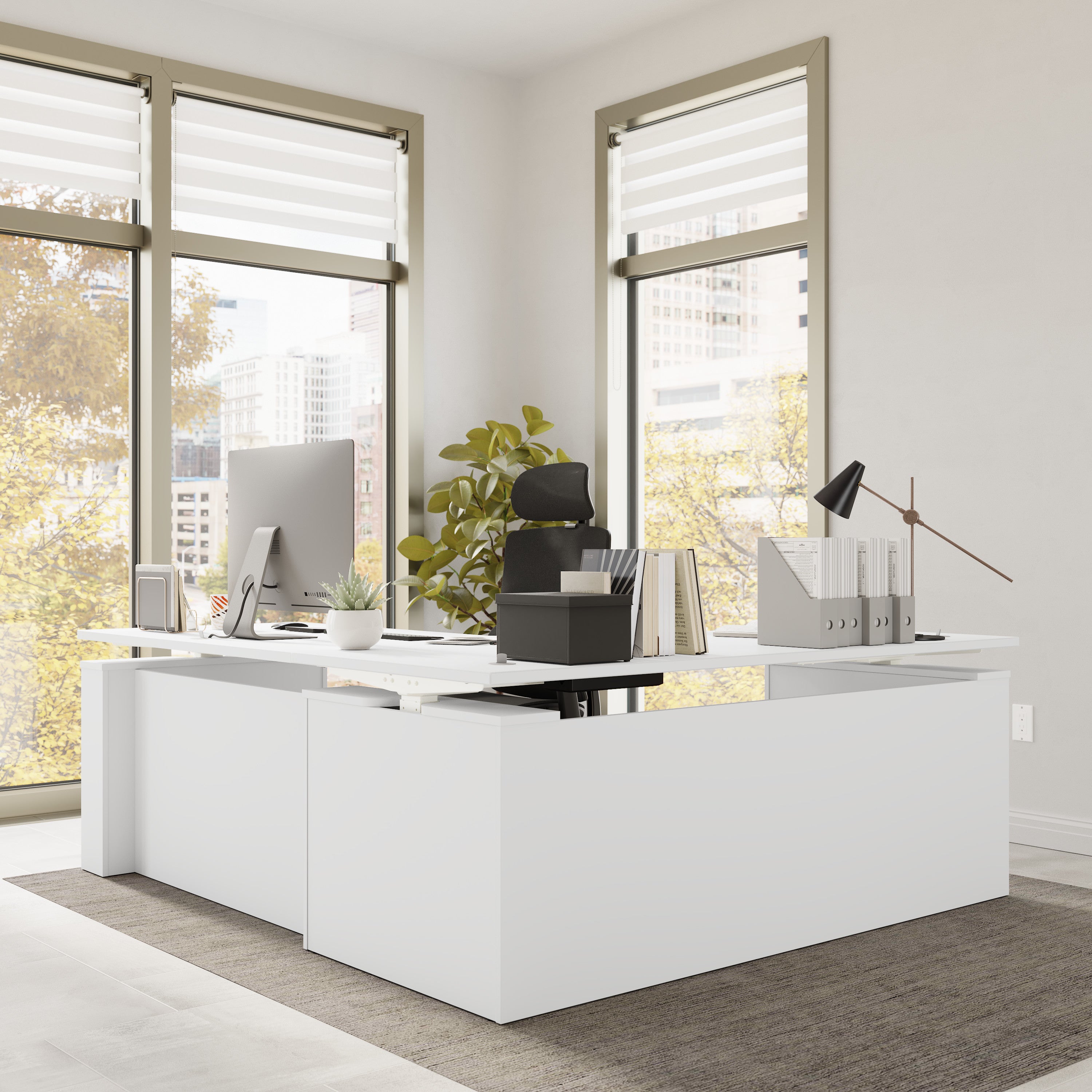 Bush Business Furniture Stratus&nbsp;72W x&nbsp;78D Electric Height Adjustable L Shaped Standing Desk in White with White Base - 71.02" Width x 76.97" Depth x 27.44" Height