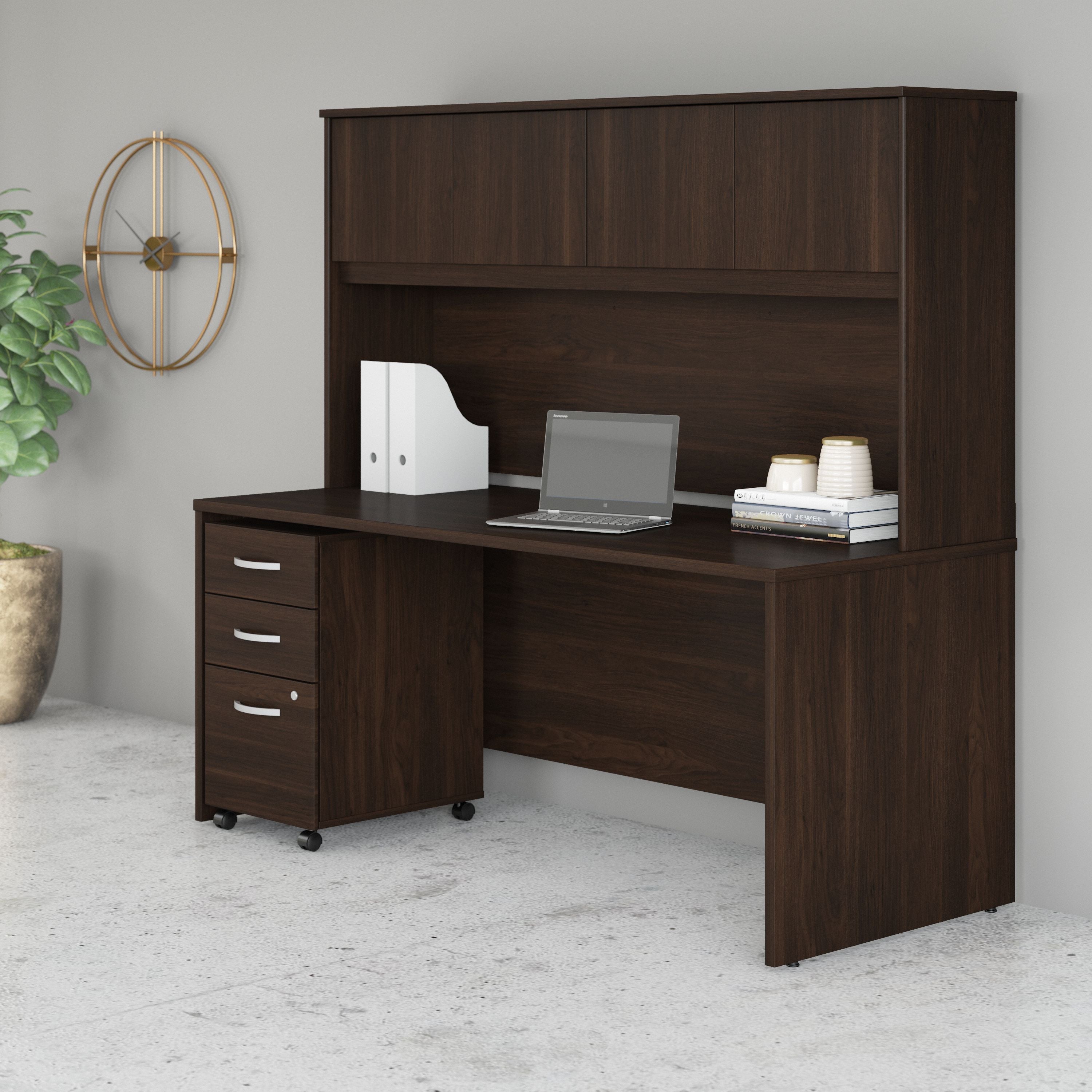 Bush Business Furniture Studio C 72W x 30D Office Desk with Hutch and Mobile File Cabinet in Black Walnut - 71.02" Width x 29.37" Depth x 65.84" Height