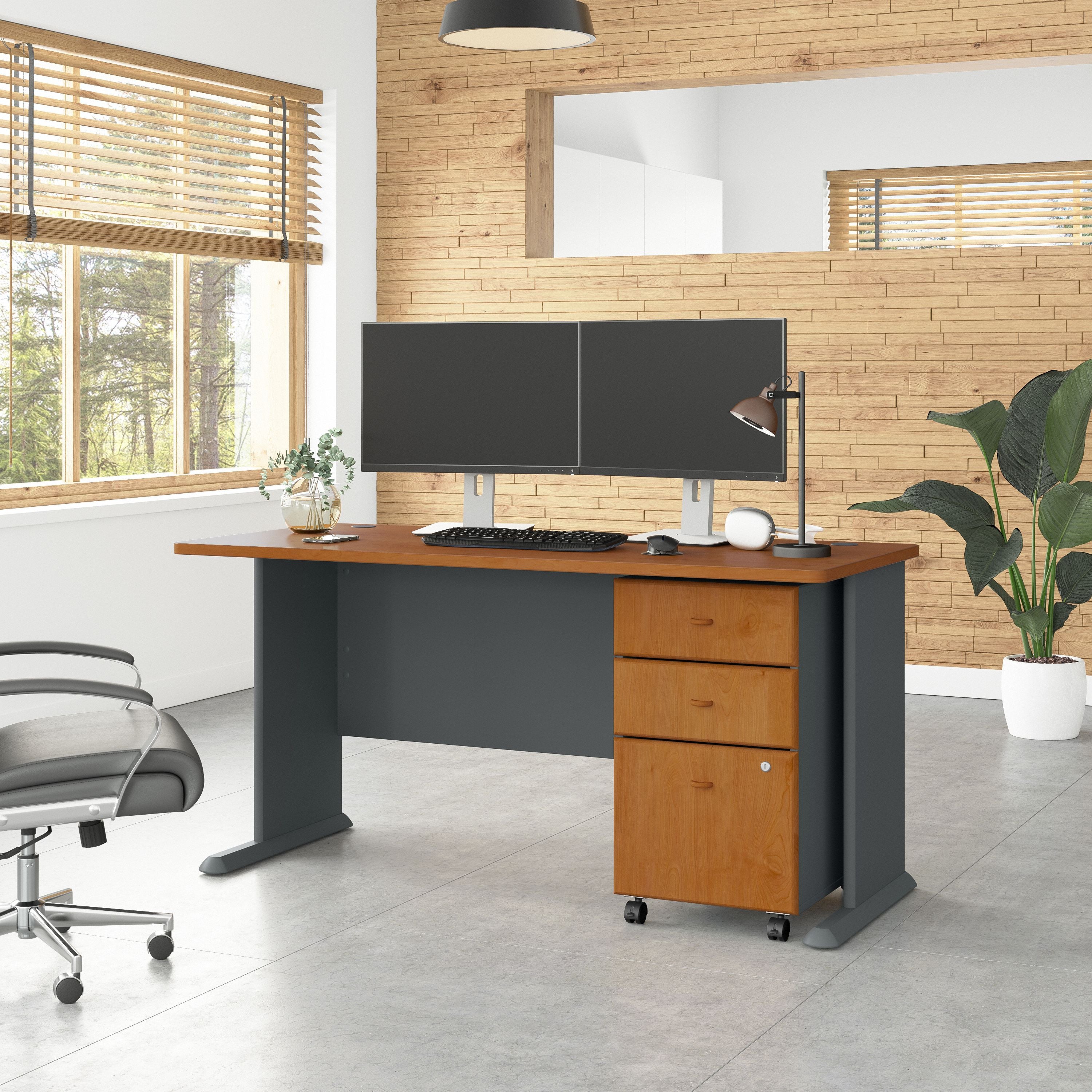 Bush Business Furniture Series A 60W Desk with Mobile File Cabinet in Natural Cherry and Slate - 59.57" Width x 26.81" Depth x 29.66" Height