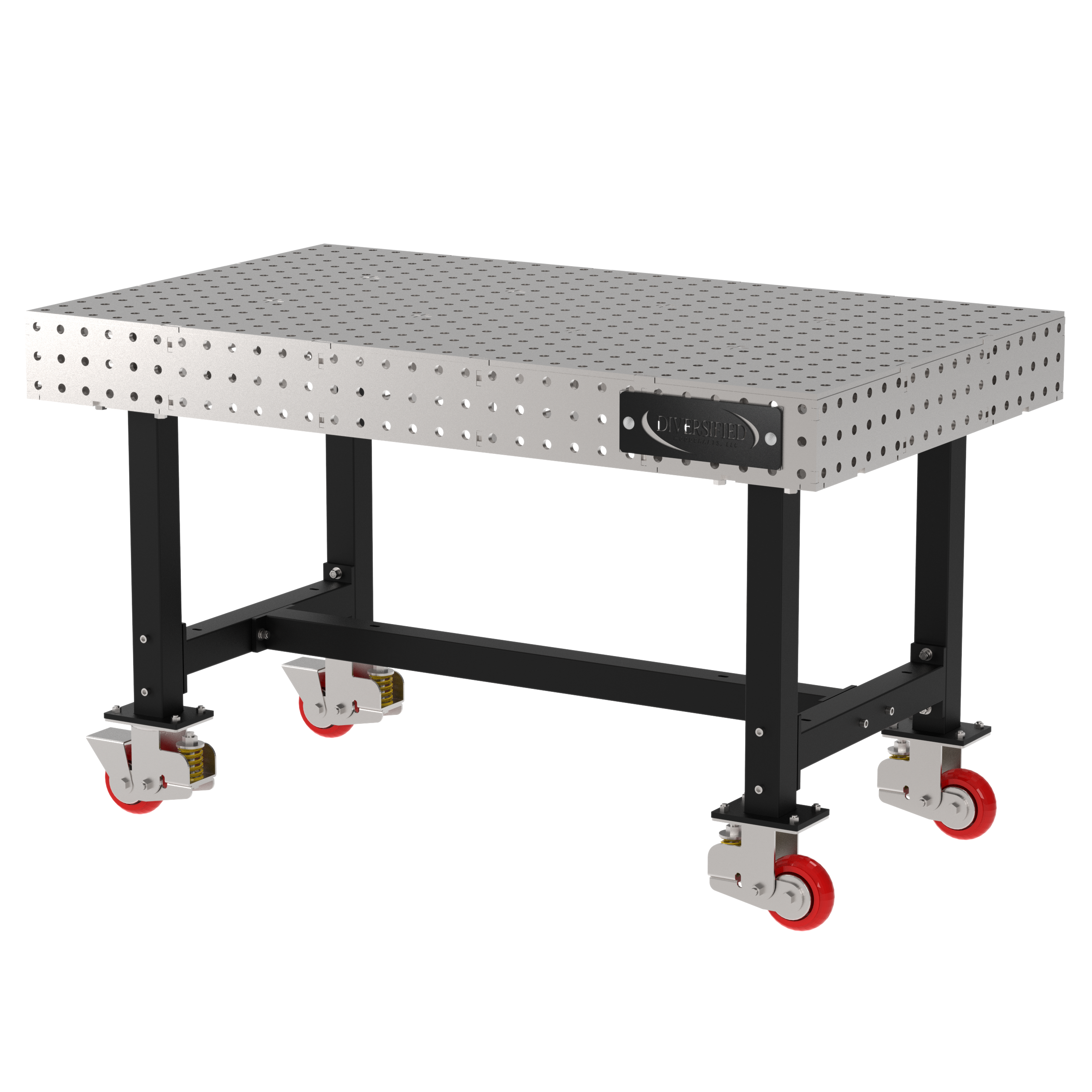 Welding Fixture Table, Fixed Height, 36"H x 60"L x 36"D, 1/4" Carbon Steel Top, Four Black  Powdercoat Legs, 4 Heavy Duty Suspension Casters (2 Locking/Swiveling Casters and 2 Non-Locking/Non-SwivelingCasters)