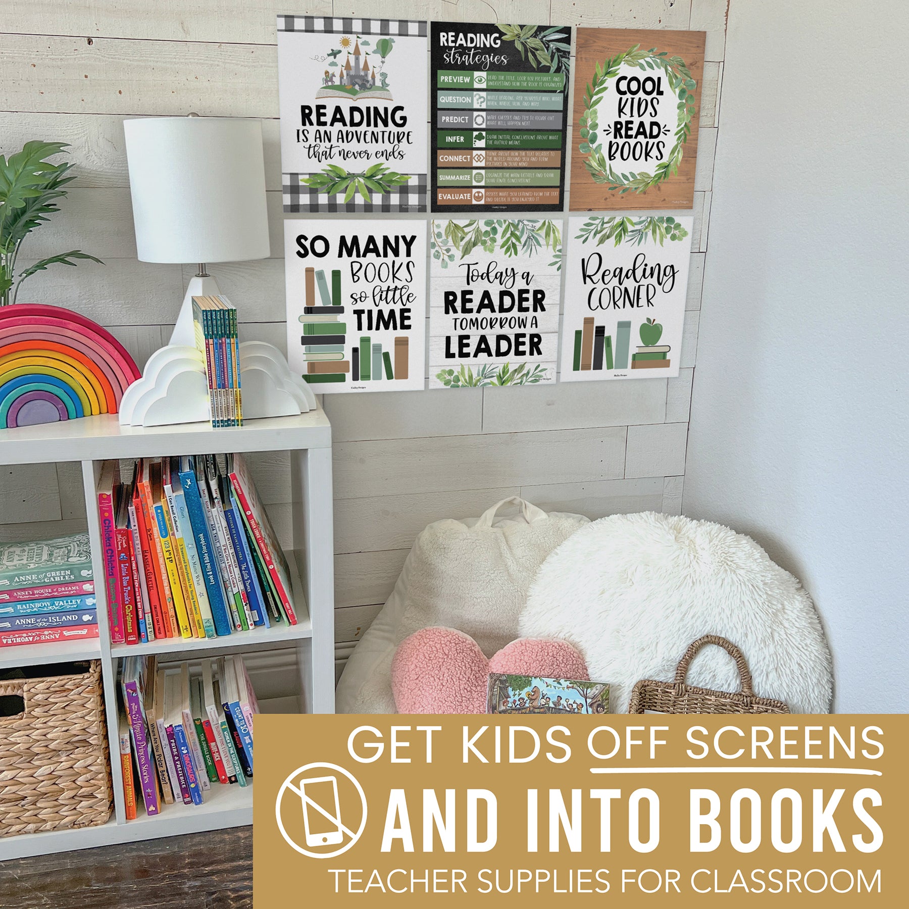 Farmhouse Greenery Reading Posters For Classroom Library Decor, Set of 6