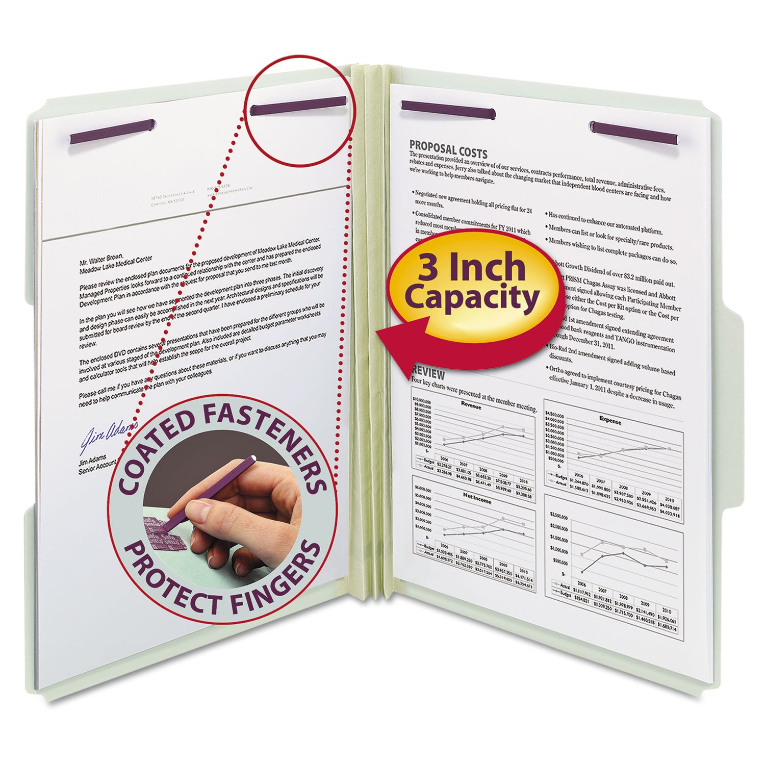 Smead 1/3 Tab Cut Letter Recycled Fastener Folder - 8 1/2" x 11" - 3" Expansion - 2 x 2S Fastener(s) - 2" for Folder - Top Tab Location - Assorted Tab Position - 25 pt. - Pressboard - Gray, Green - 100% Recycled - 25 / Box