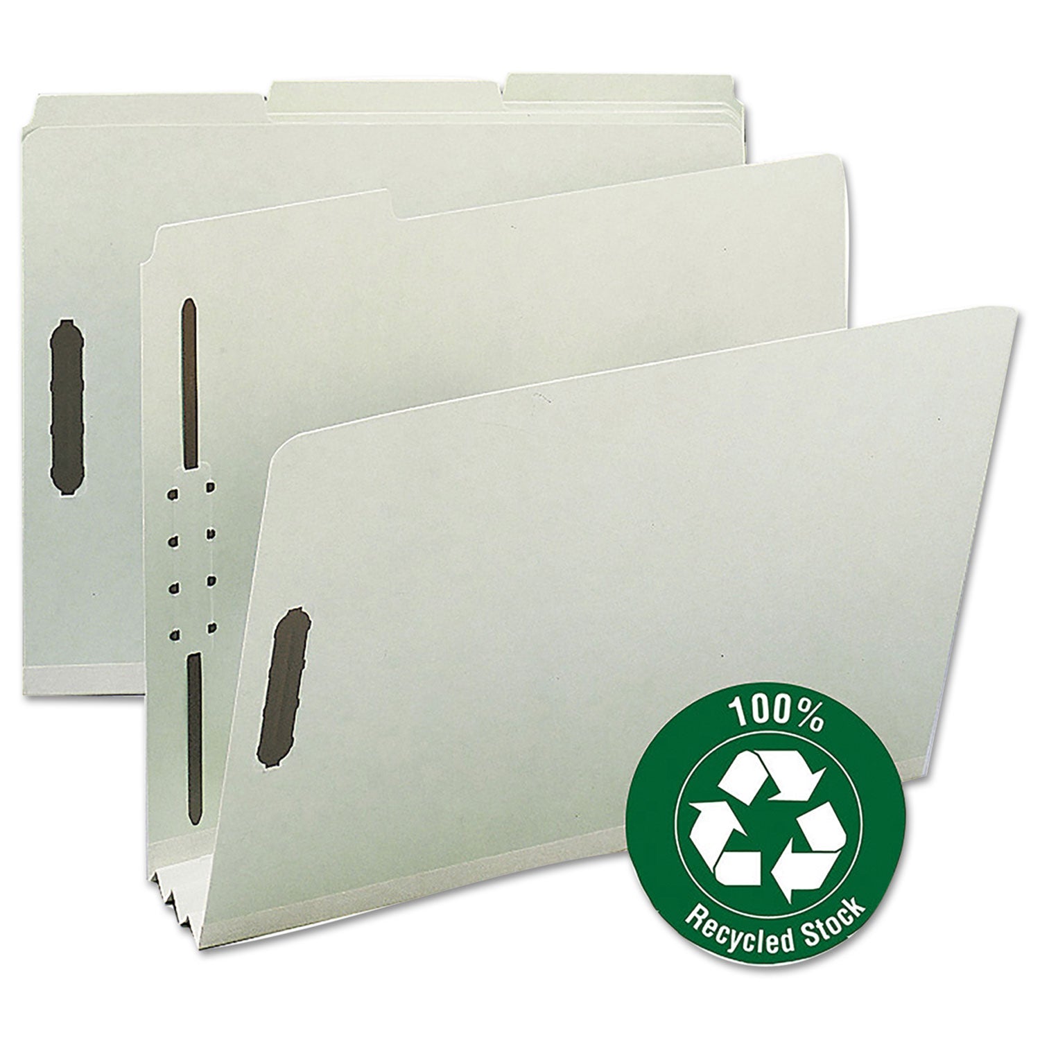 Smead 1/3 Tab Cut Letter Size Recycled Fastener Folders, 3" Expansion, 2 Fasteners, Assorted Tab Positions, Pressboard, Gray/Green, Reinforced Gusset, 25 per Box