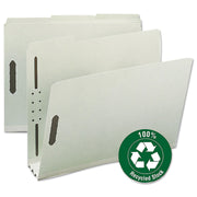 Smead 1/3 Tab Cut Letter Size Recycled Fastener Folders, 3" Expansion, 2 Fasteners, Assorted Tab Positions, Pressboard, Gray/Green, Reinforced Gusset, 25 per Box