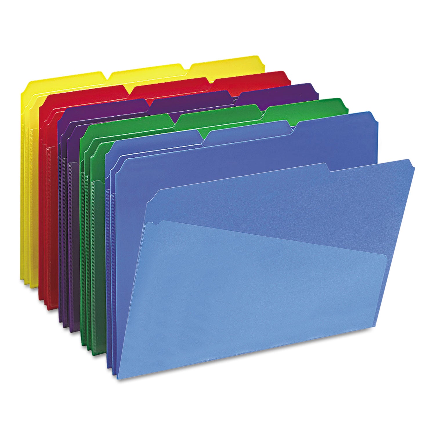 Smead 1/3 Tab Cut Letter Top Tab File Folder - 8 1/2" x 11" - 3/4" Expansion - Top Tab Location - Assorted Tab Position - Polypropylene - Blue, Green, Red, Yellow, Purple - 30 / Box