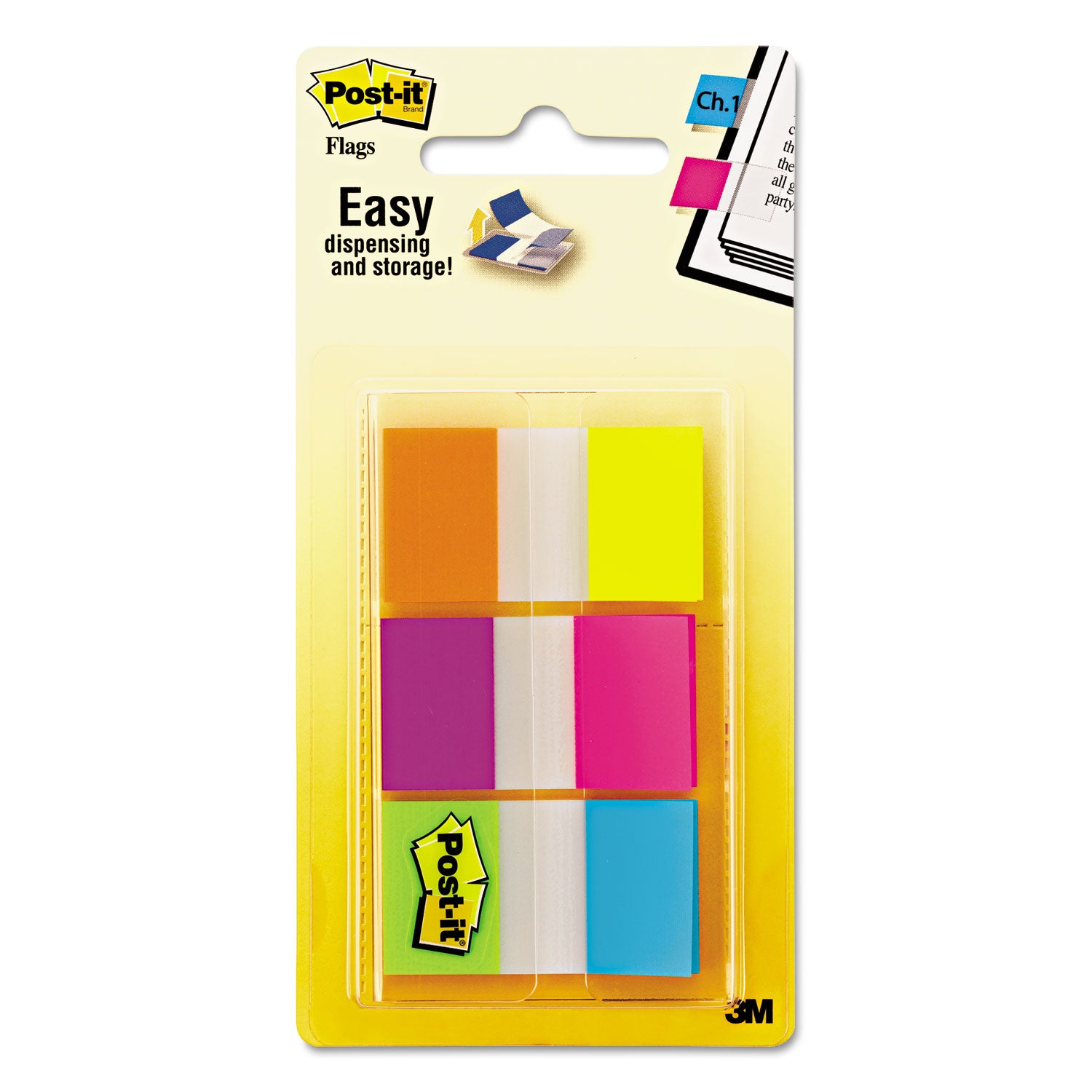Post-it&reg; Flags - 60 - 1" Flag/Note Width x 1 3/4" Flag/Note Length - Rectangle - Unruled - Orange, Blue, Green, Pink, Yellow, Purple, Assorted - Reusable, Repositionable, Self-adhesive, Removable - Dispenser Included - 60 / Pack