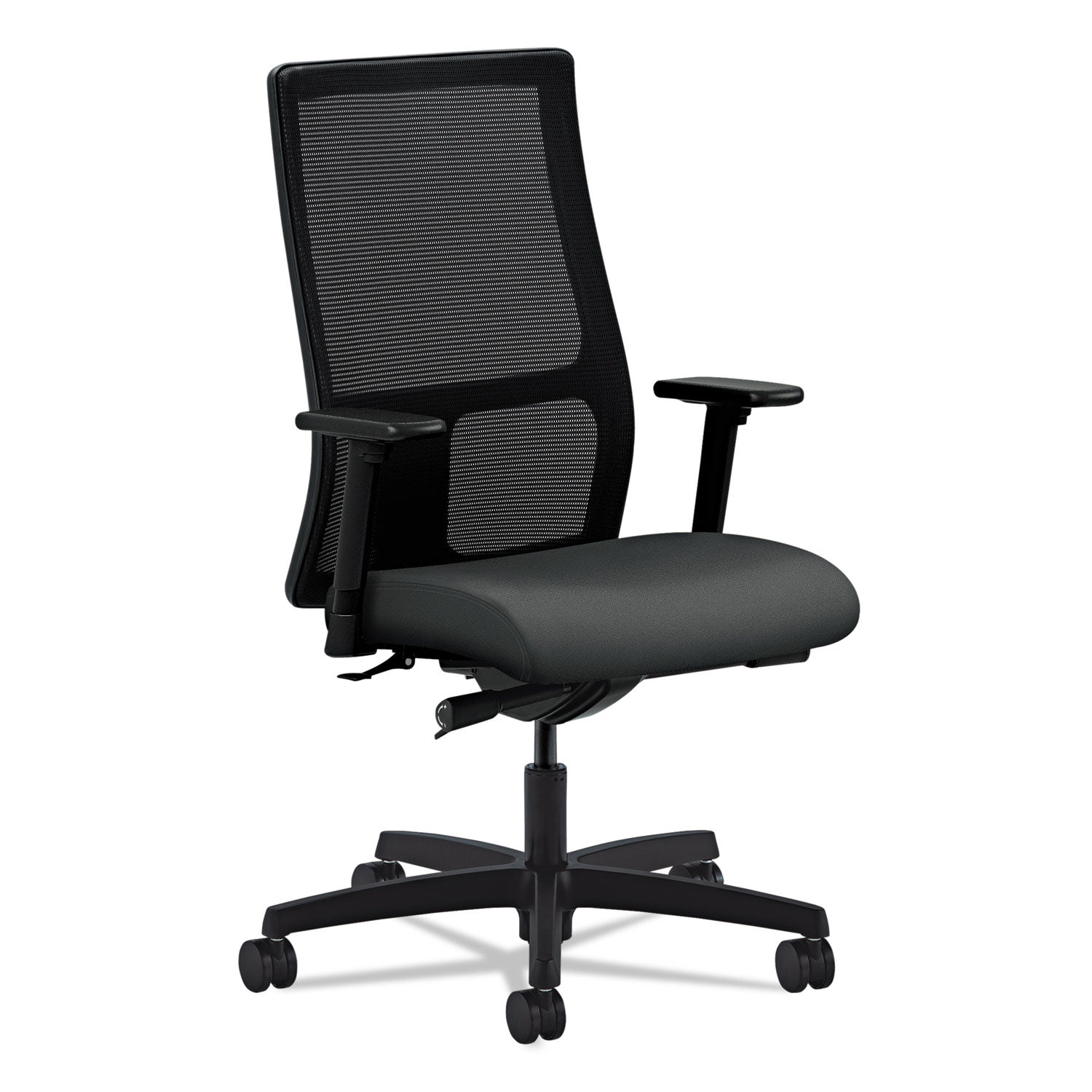 HON Ignition Mid-Back Task Chair, Iron Ore Fabric Seat, Black Mesh Back, Adjustable Arms, 5-Star Black Base, 1 Each