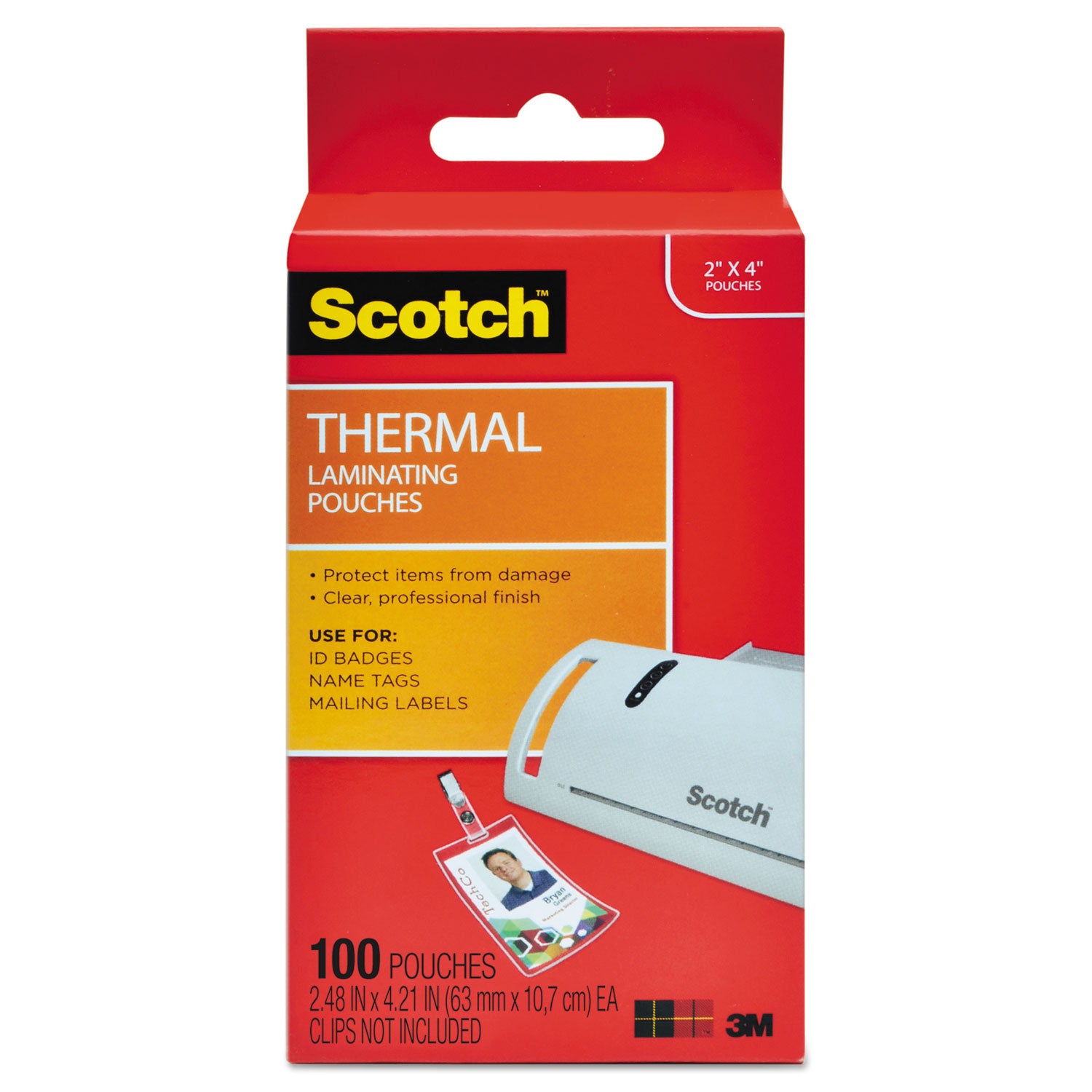Scotch Thermal Laminating Pouches, 2.40" x 4.20", 5 mil, Glossy, Double Sided, Photo-safe, Clear, 1 Pack