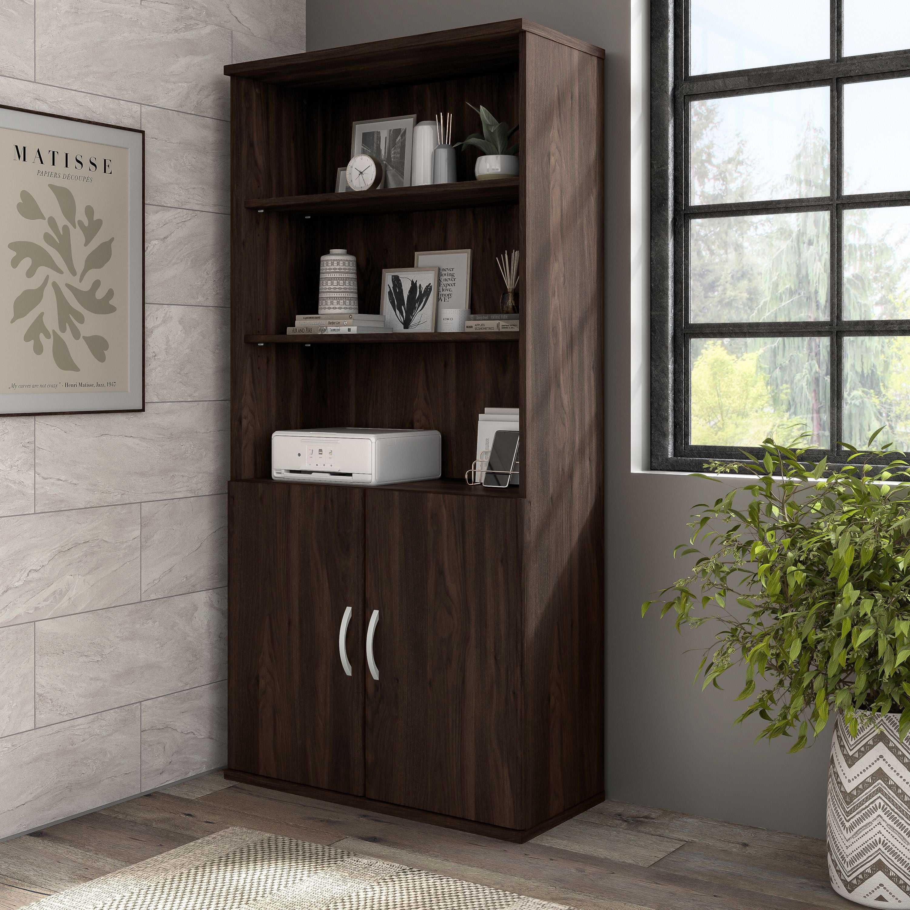 Bush Business Furniture Hybrid Tall 5 Shelf Bookcase with Doors in Black Walnut - 35.71" Width x 15.43" Depth x 72.8" Height