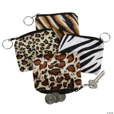 Safari Print Plush Coin Purse Key Chains - 12 Pieces