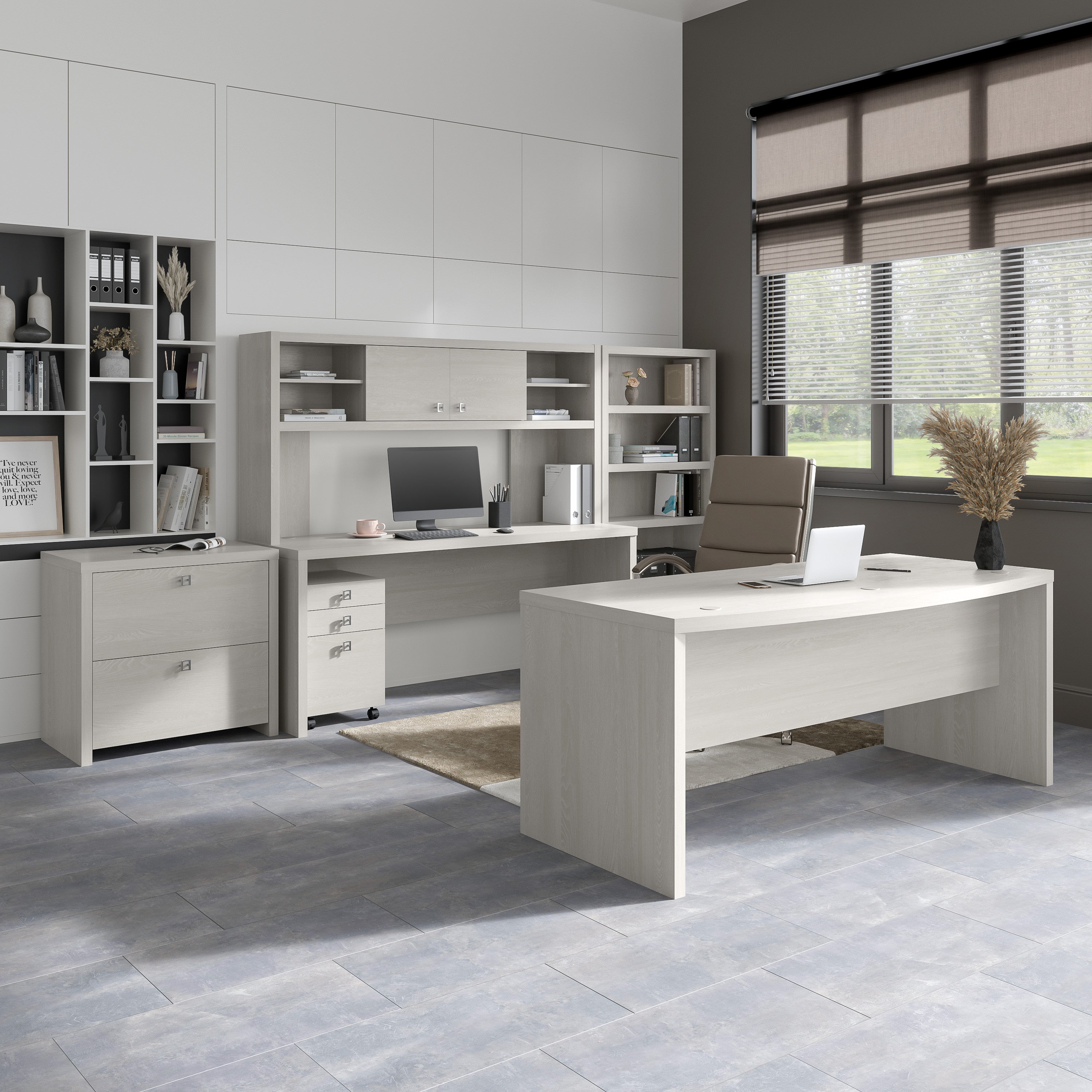Bush Business Furniture Echo L Shaped Bow Front Desk in Gray Sand - 60" Width x 64.33" Depth x 30" Height