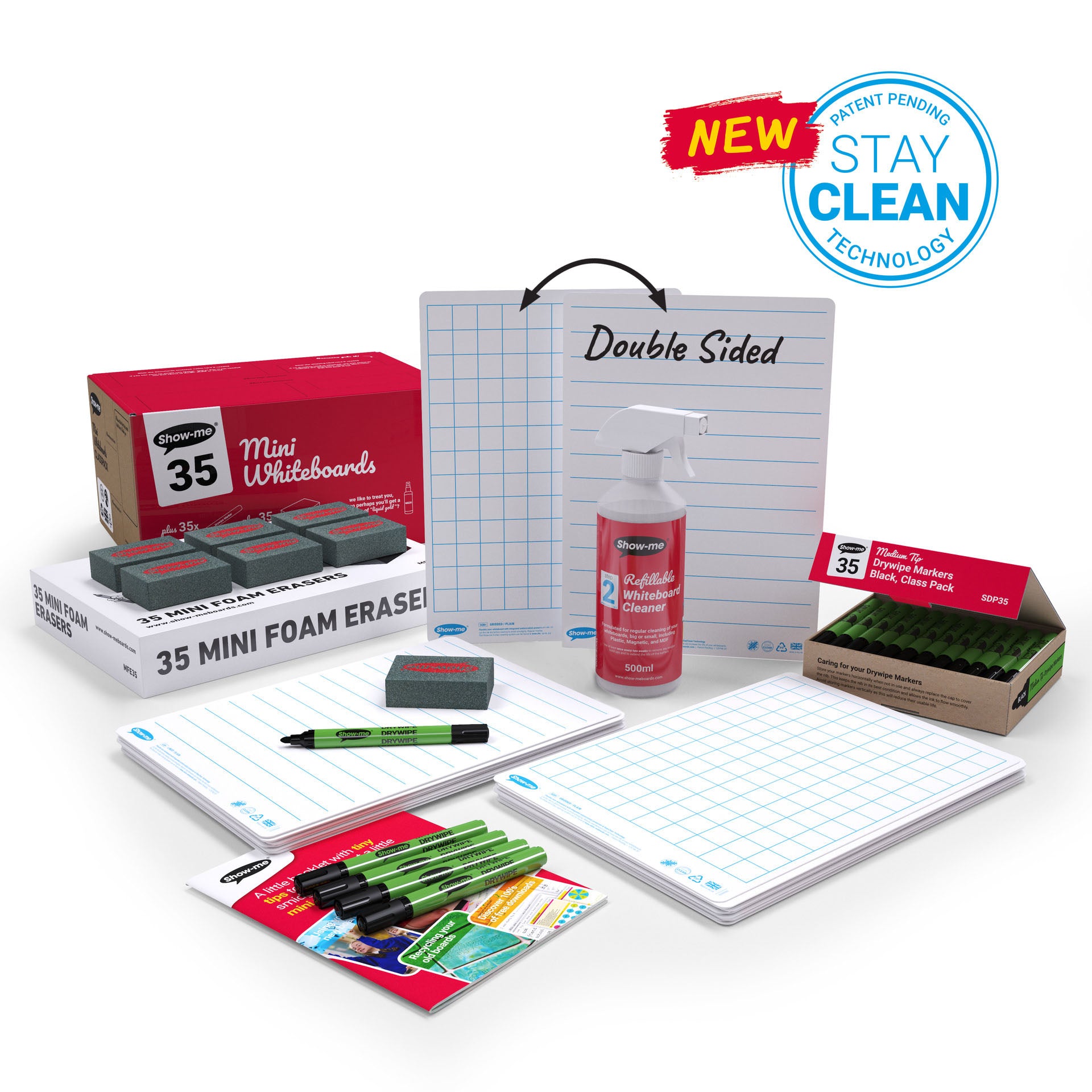 Classpack of 35 x Lined/Gridded Double Sided 8" x 12" Lapboards, with Pens, Erasers, Cleaner