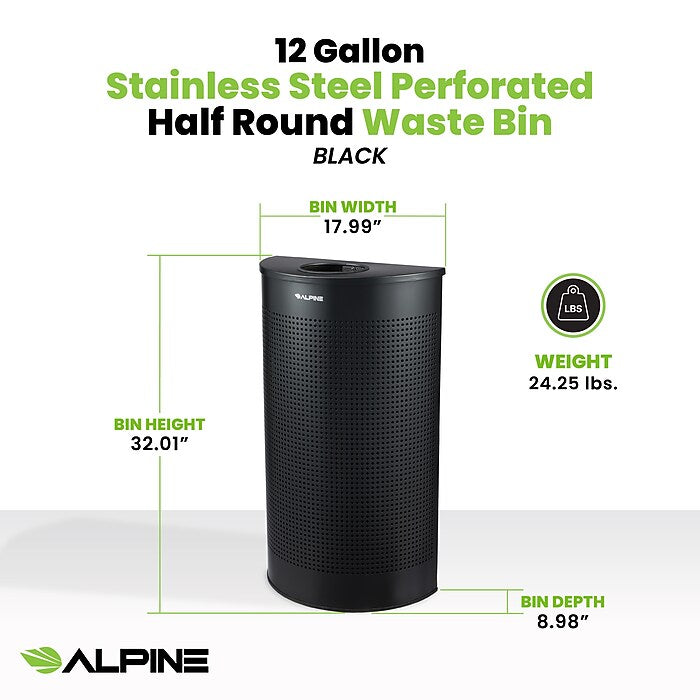 12 Gallon Black Perforated Metal Half Round Decorative Waste Receptacle