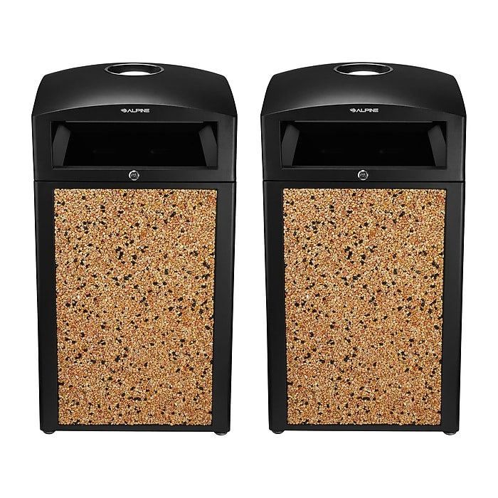 Alpine Industries 40 Gal. Stone Steel All-Weather Panel Outdoor Commercial Trash Can with Ash Tray Lid 2 Pack