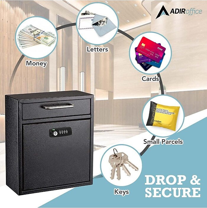 Black Medium Drop Box Wall Mounted Locking Mail Box with Key and Combination lock with Suggestion Cards