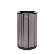 Round, 32-Gallon Outdoor Trash Container with Slatted Recycled Plastic Panels - Grey