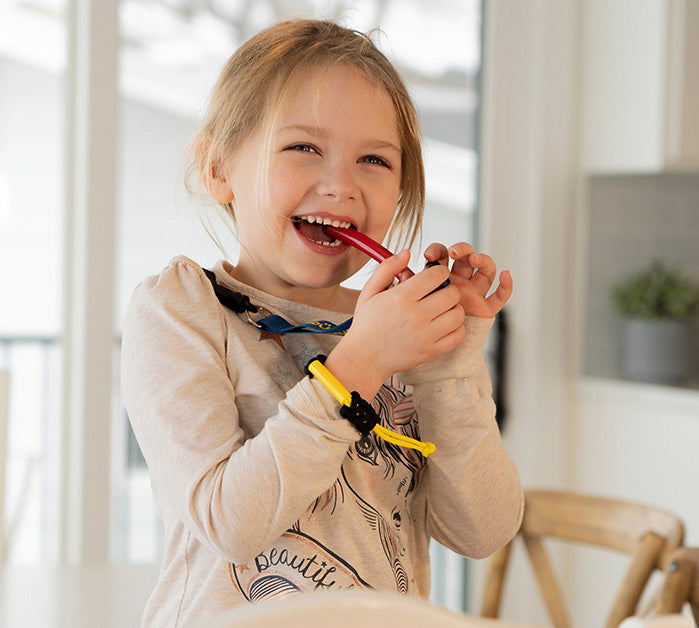 Special Needs Sensory Toy - 3/8" Slim Red Tube, 1/2" Strong Green Tube, 9/16" Big Blue Tube on 8" Navy Lanyard