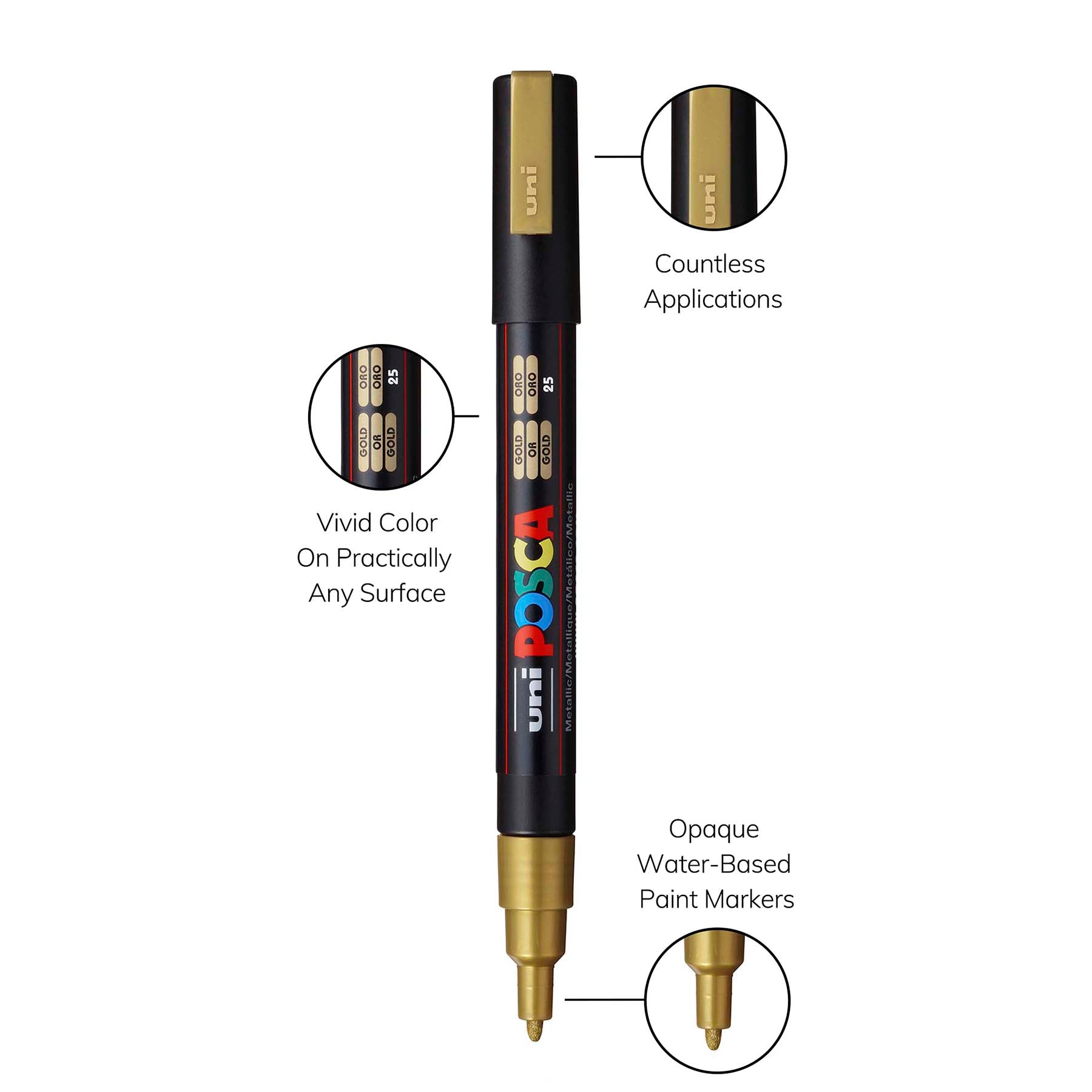 uni® POSCA PC-3M Water-Based Paint Markers, Reversible Fine Tip (0.9-1.3mm), Gold