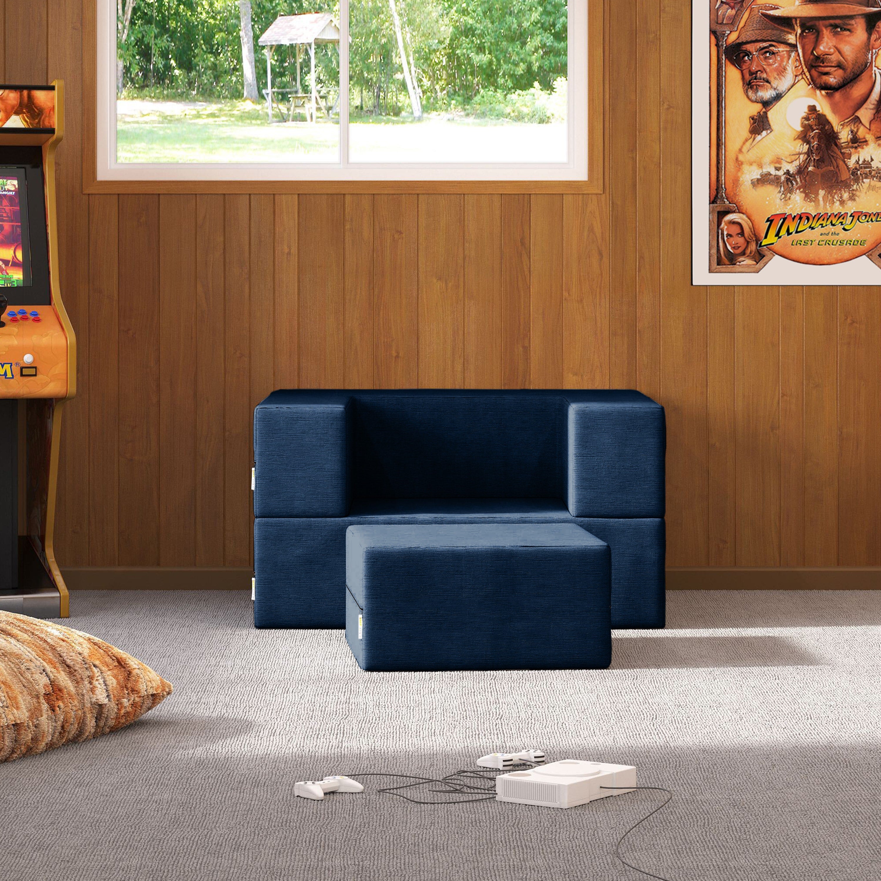 Jaxx Zipline Convertible Sleeper Futon Chair & Ottoman with Machine-Washable Cover, Indigo