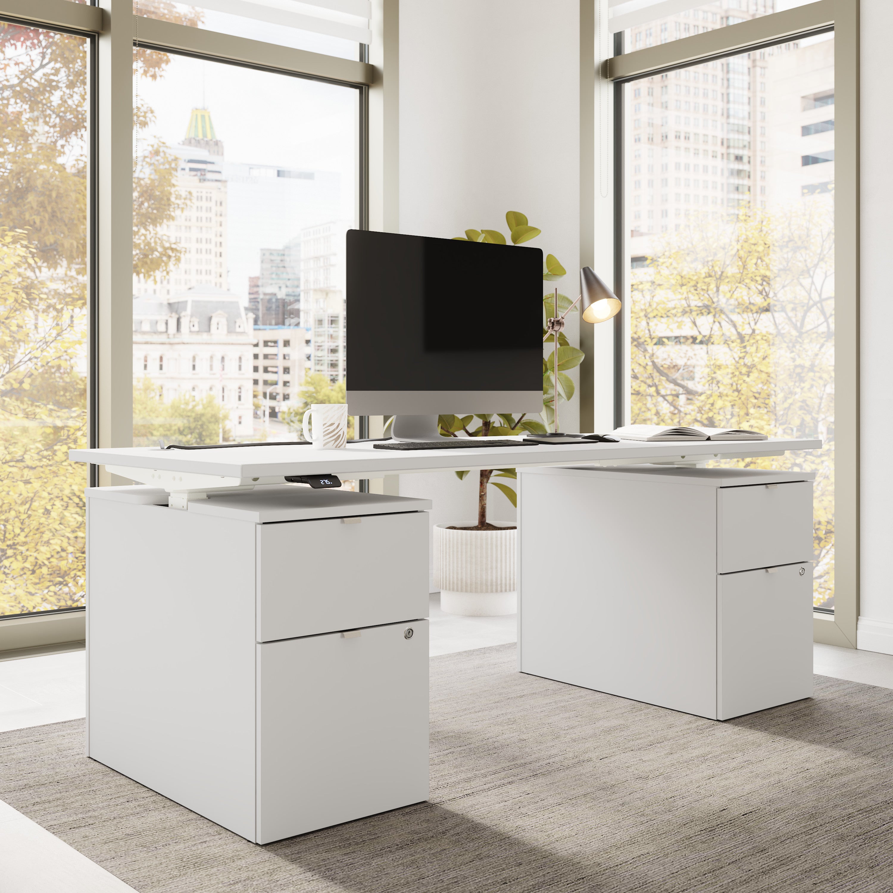 Bush Business Furniture Stratus&nbsp;72W x&nbsp;30D Electric Height Adjustable Standing Desk with Drawers in White with White Base - 71.02" Width x 29.37" Depth x 27.44" Height