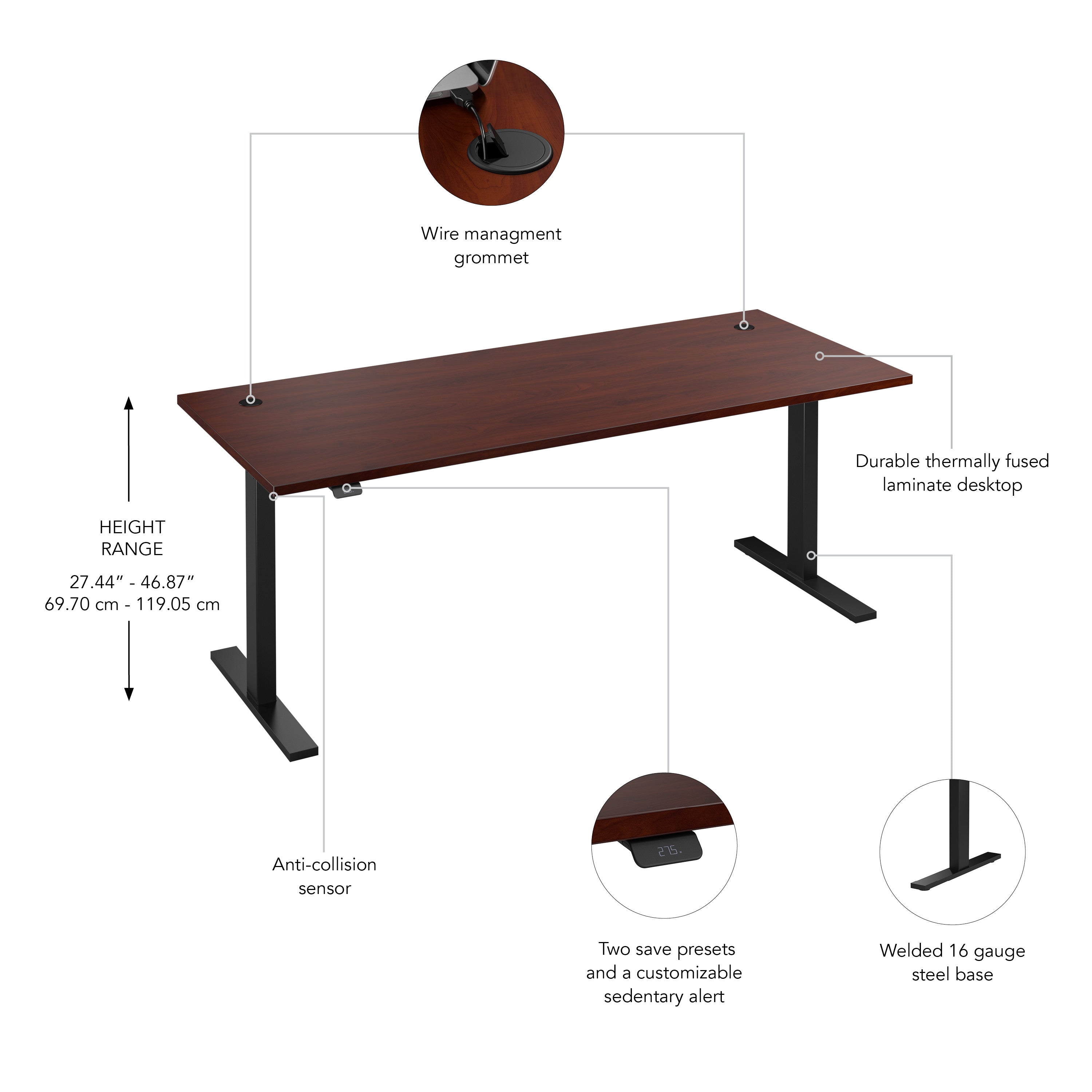 Bush Business Furniture Move 60 Series 72W x 30D Electric Height Adjustable Standing Desk in Hansen Cherry with Black Base - 71.02" Width x 29.37" Depth x 47.69" Height