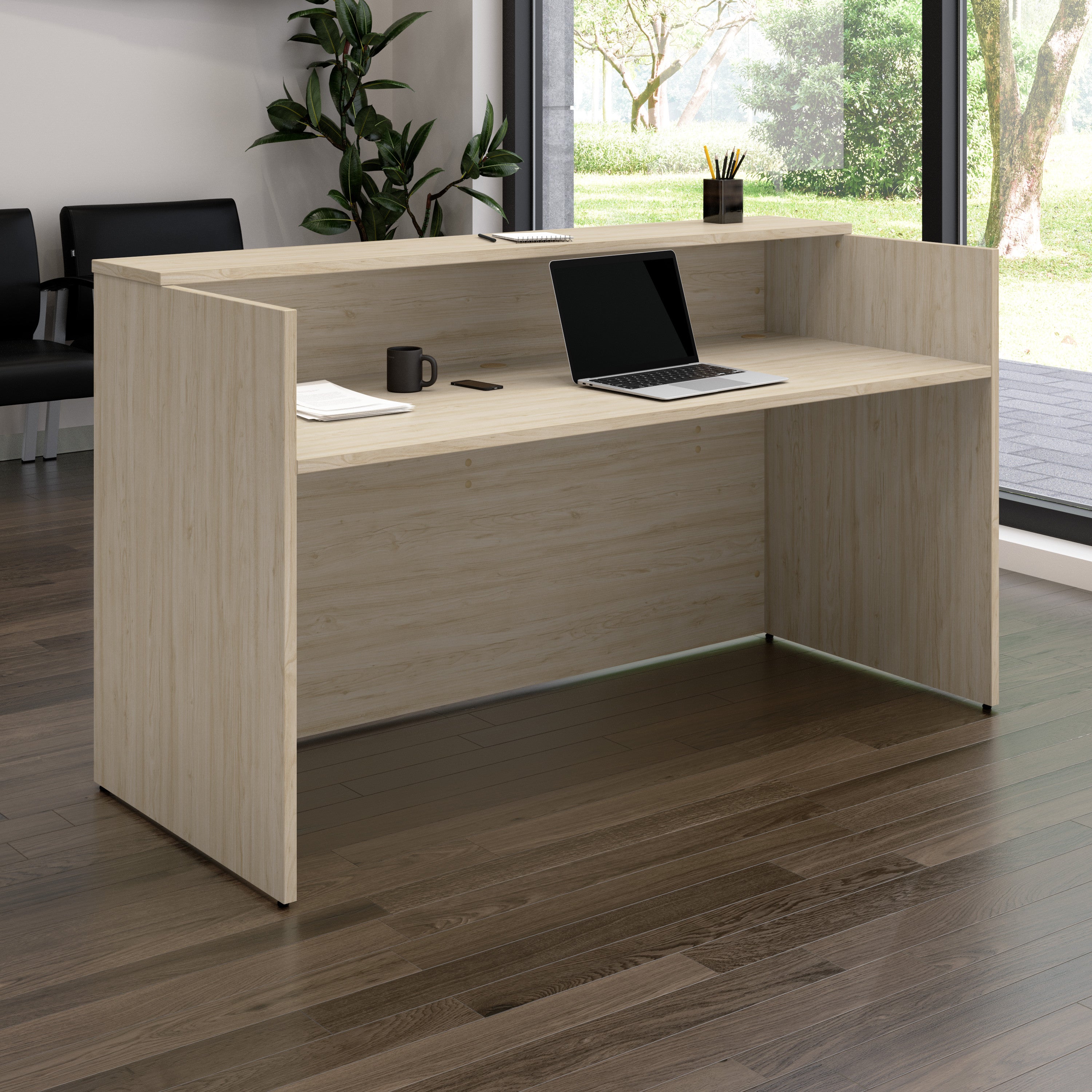Bush Business Furniture Arrive 72W x 30D Reception Desk with Shelf in Natural Elm - 71.02" Width x 29.49" Depth x 40.35" Height