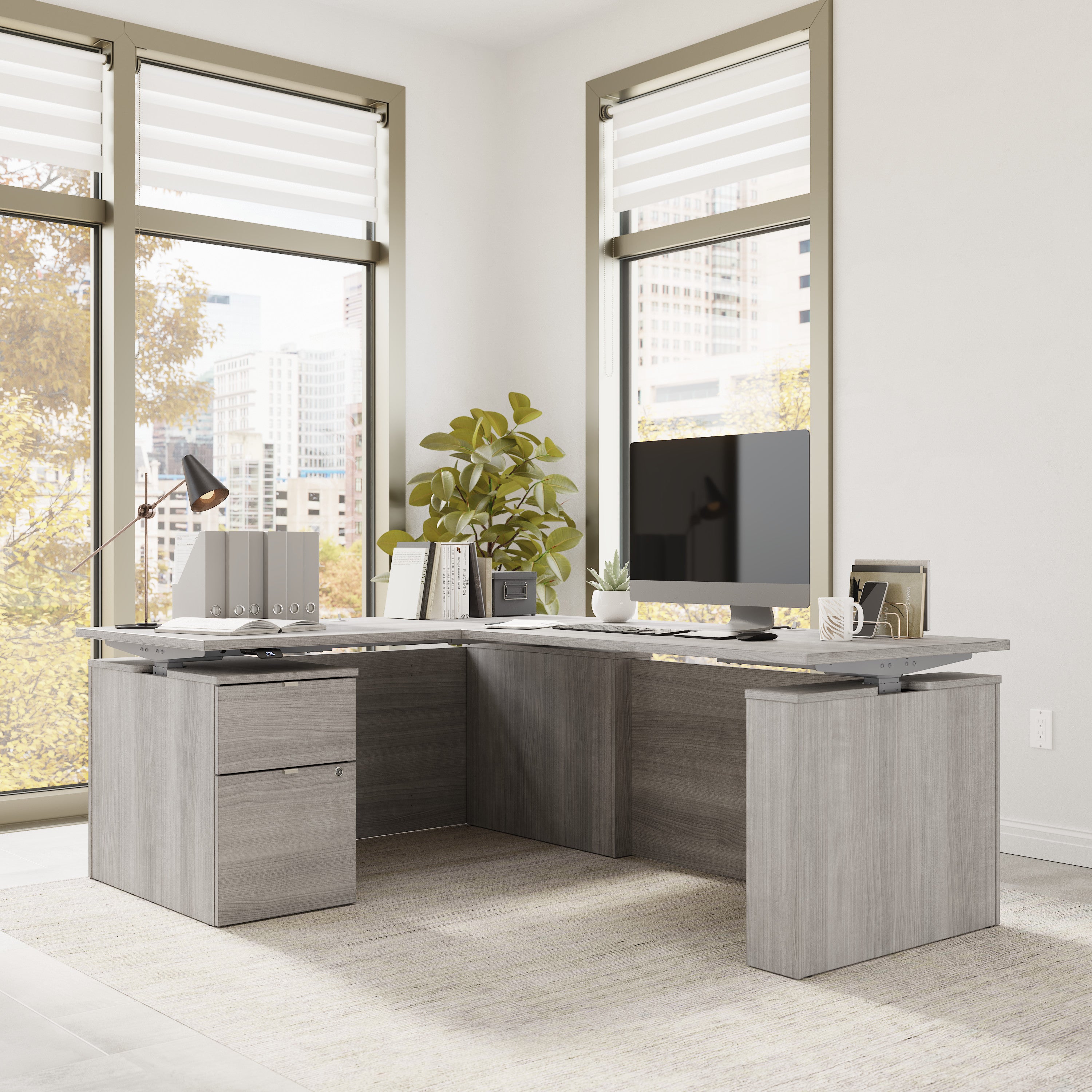 Bush Business Furniture Stratus&nbsp;60W x&nbsp;78D Height Adjustable L Shaped Standing Desk with File Cabinet in Platinum Gray with Metallic Gray Base - 59.45" Width x 76.97" Depth x 27.44" Height
