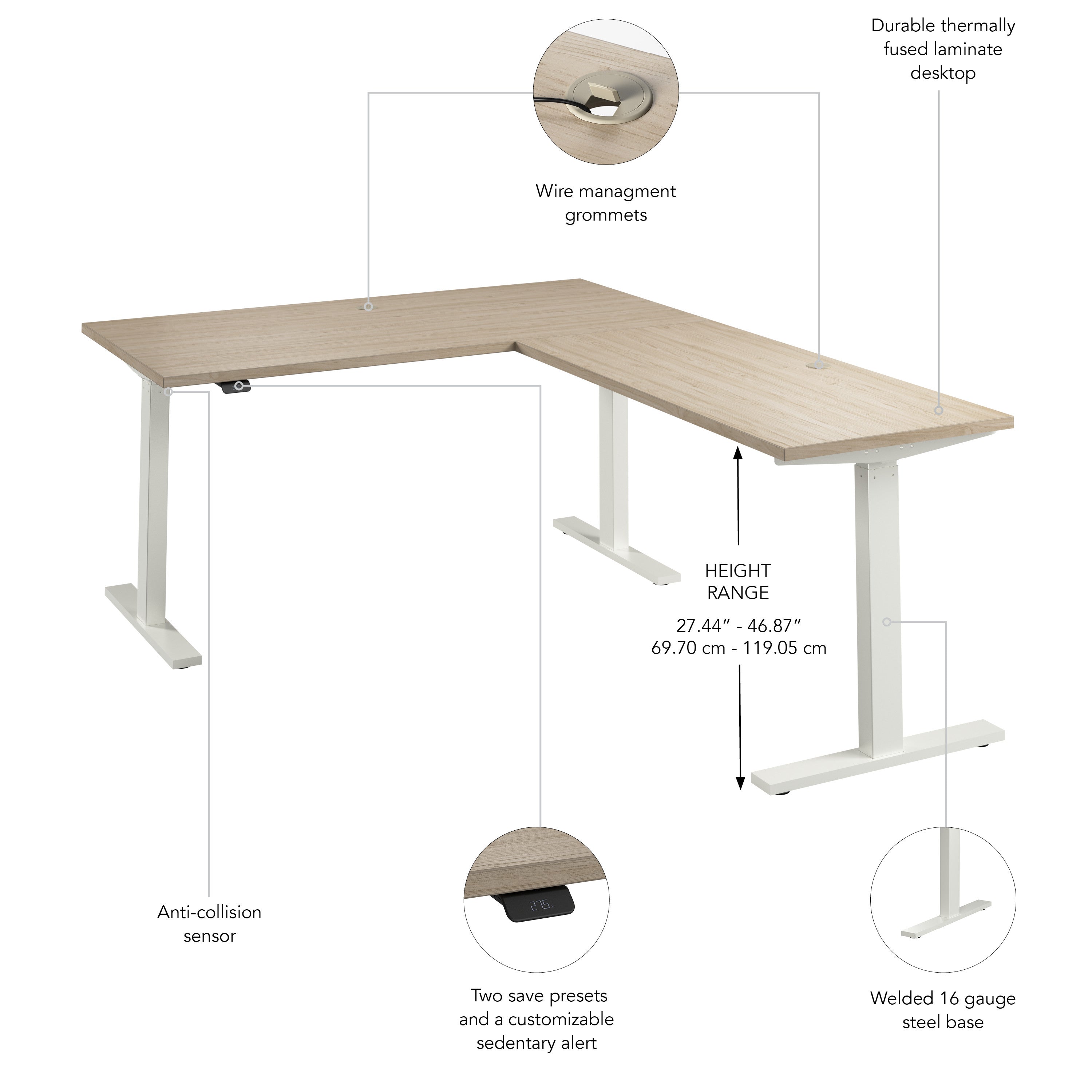 Bush Business Furniture Move 60 Series 60W Height Adjustable L Shaped Standing Desk in Natural Elm with White Base - 59.45" Width x 76.97" Depth x 27.44" Height