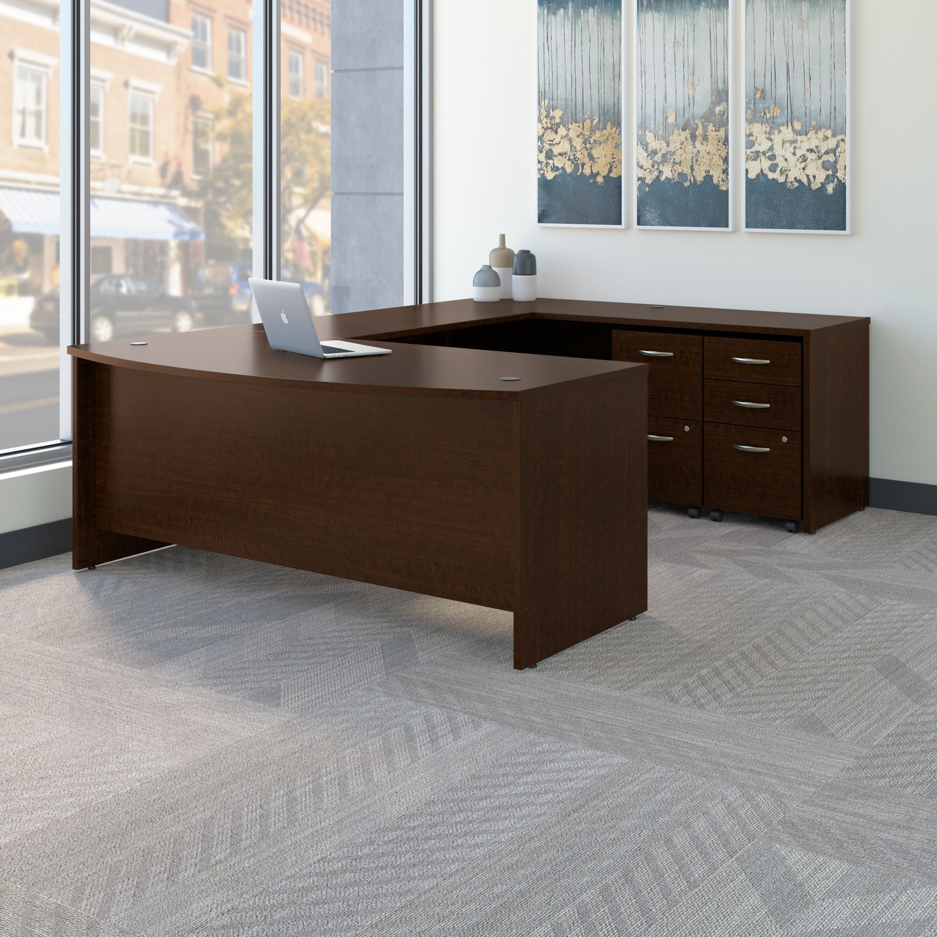 Bush Business Furniture Series C 72W x 36D Bow Front U Shaped Desk with Mobile File Cabinets in Mocha Cherry - 71.1" Width x 107.09" Depth x 29.76" Height