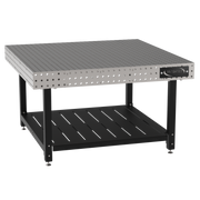 Welding Fixture Table, Fixed Height, 36"H x 60"L x 60"D, 1/4" Carbon Steel Top, Four Black Powdercoat Legs, Shelf, Self-Leveling Feet