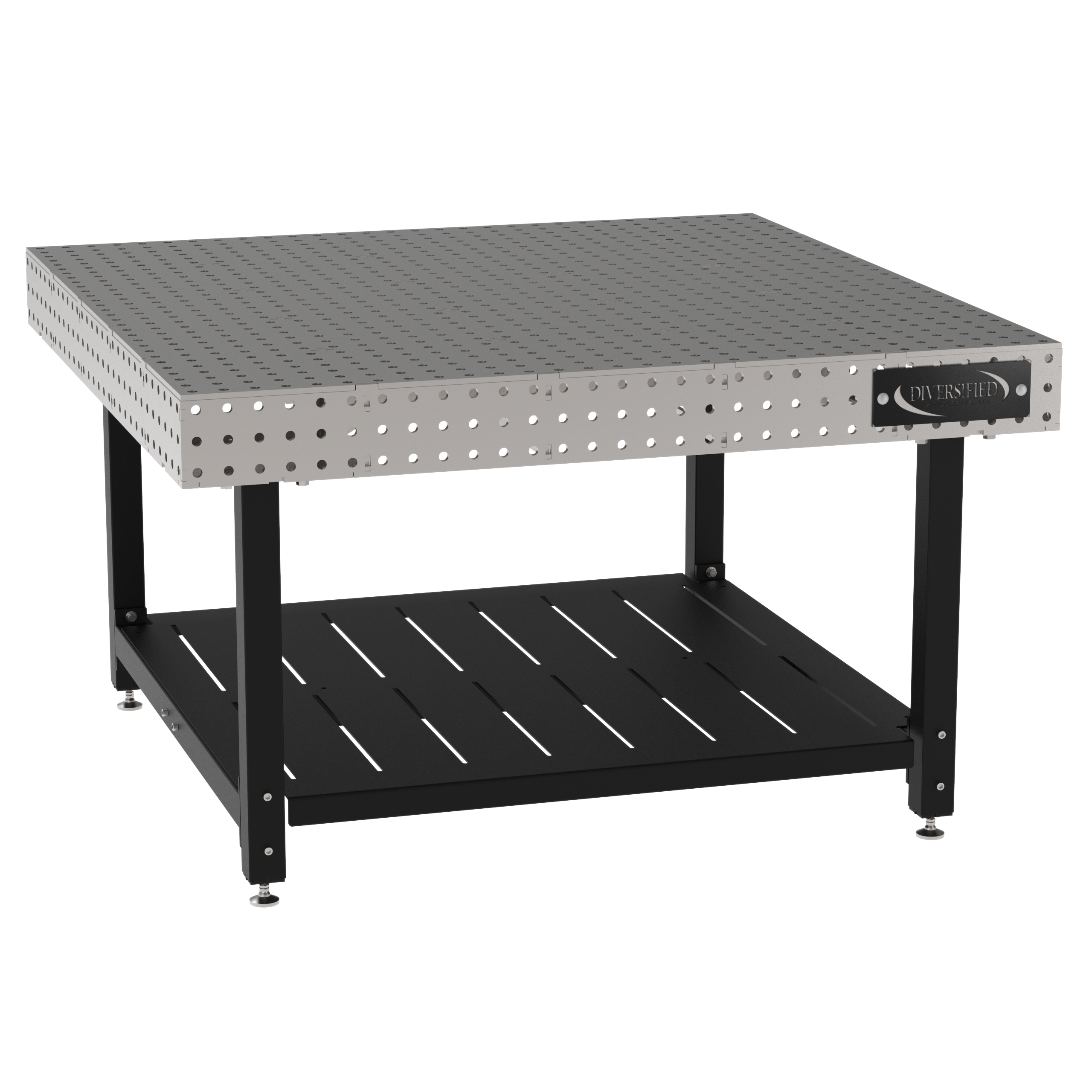 Welding Fixture Table, Fixed Height, 36"H x 60"L x 60"D, 1/4" Carbon Steel Top, Four Black Powdercoat Legs, Shelf, Self-Leveling Feet