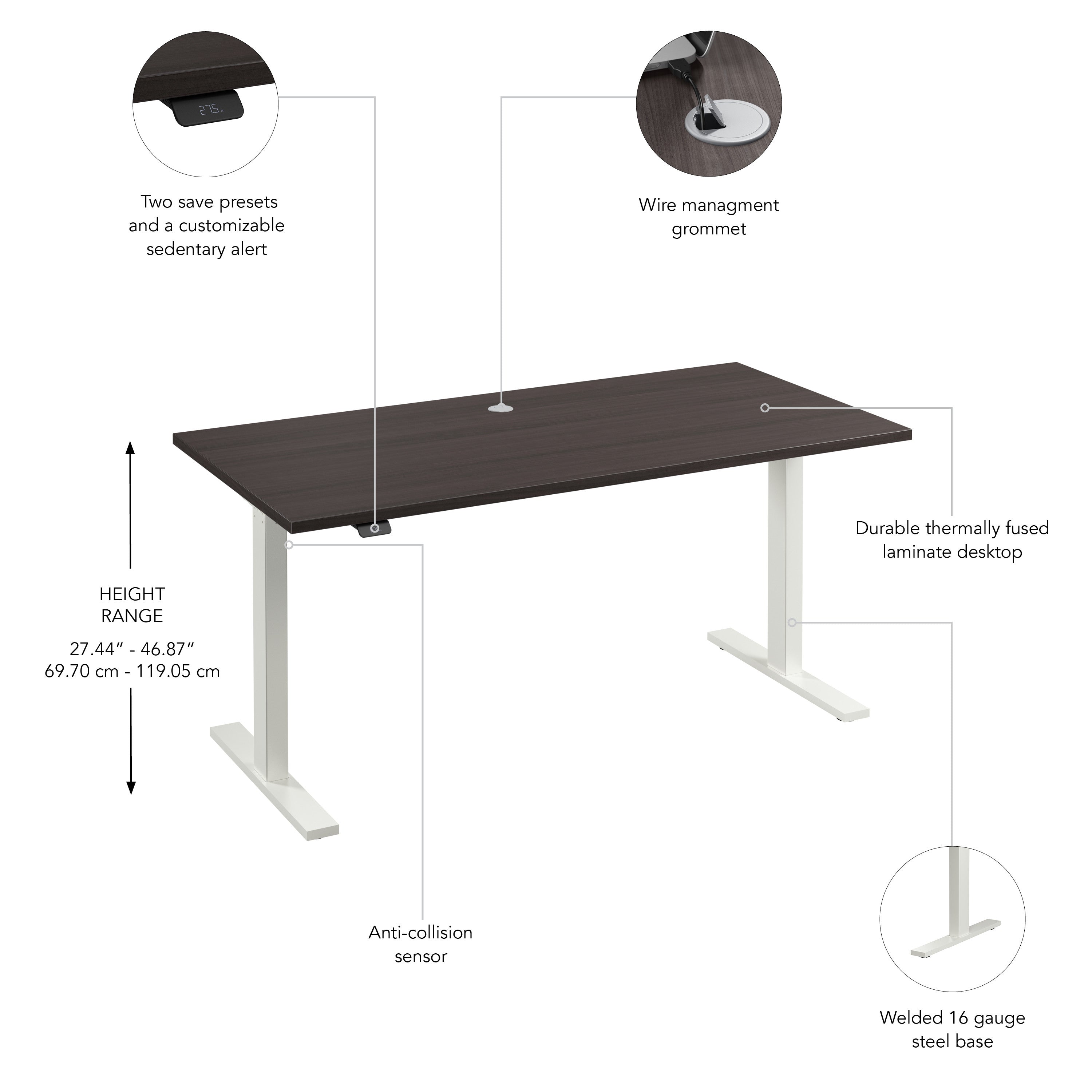 Bush Business Furniture Move 60 Series 60W x 30D Electric Height Adjustable Standing Desk in Storm Gray with White Base - 59.45" Width x 29.37" Depth x 27.44" Height